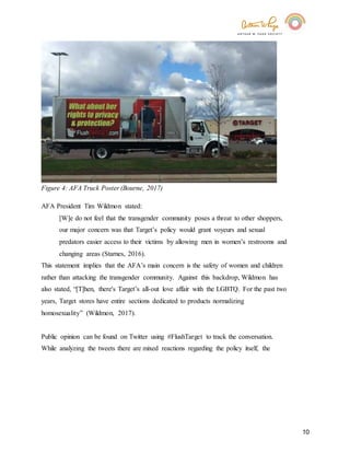 10
Figure 4: AFA Truck Poster (Bourne, 2017)
AFA President Tim Wildmon stated:
[W]e do not feel that the transgender community poses a threat to other shoppers,
our major concern was that Target’s policy would grant voyeurs and sexual
predators easier access to their victims by allowing men in women’s restrooms and
changing areas (Starnes, 2016).
This statement implies that the AFA’s main concern is the safety of women and children
rather than attacking the transgender community. Against this backdrop, Wildmon has
also stated, “[T]hen, there's Target’s all-out love affair with the LGBTQ. For the past two
years, Target stores have entire sections dedicated to products normalizing
homosexuality” (Wildmon, 2017).
Public opinion can be found on Twitter using #FlushTarget to track the conversation.
While analyzing the tweets there are mixed reactions regarding the policy itself, the
 