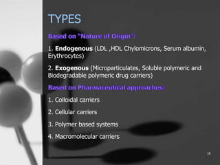 TYPES
1. Endogenous (LDL ,HDL Chylomicrons, Serum albumin,
Erythrocytes)
2. Exogenous (Microparticulates, Soluble polymeric and
Biodegradable polymeric drug carriers)
1. Colloidal carriers
2. Cellular carriers
3. Polymer based systems
4. Macromolecular carriers
18
 