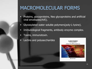 MACROMOLECULAR FORMS
 Proteins, glycoproteins, Neo glycoproteins and artificial
viral envelopes(AVE).
 Glycosylated water soluble polymers(poly-L-lysine).
 Immunological fragments, antibody enzyme complex.
 Toxins, immunotoxin.
 Lectins and polysaccharides
21
 