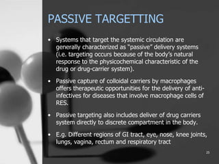 PASSIVE TARGETTING
• Systems that target the systemic circulation are
generally characterized as “passive” delivery systems
(i.e. targeting occurs because of the body’s natural
response to the physicochemical characteristic of the
drug or drug-carrier system).
• Passive capture of colloidal carriers by macrophages
offers therapeutic opportunities for the delivery of anti-
infectives for diseases that involve macrophage cells of
RES.
• Passive targeting also includes deliver of drug carriers
system directly to discrete compartment in the body.
• E.g. Different regions of GI tract, eye, nose, knee joints,
lungs, vagina, rectum and respiratory tract
25
 