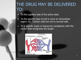THE DRUG MAY BE DELIVERED
TO:
• To the capillary bed of the active sites.
• To the specific type of cell or even an intracellular
region. Ex: Tumour cells but not to normal cells.
• To a specific organ or tissues by complexion with the
carrier that recognizes the target.
6
 