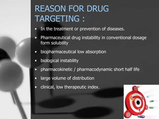 REASON FOR DRUG
TARGETING :
• In the treatment or prevention of diseases.
• Pharmaceutical drug instability in conventional dosage
form solubility
• biopharmaceutical low absorption
• biological instability
• pharmacokinetic / pharmacodynamic short half life
• large volume of distribution
• clinical, low therapeutic index.
8
 