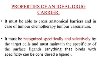 PROPERTIES OF AN IDEAL DRUG
CARRIER:
• It must be able to cross anatomical barriers and in
case of tumour chemotherapy tumour vasculature.
• It must be recognized specifically and selectively by
the target cells and must maintain the specificity of
the surface ligands (anything that binds with
specificity can be considered a ligand).
 