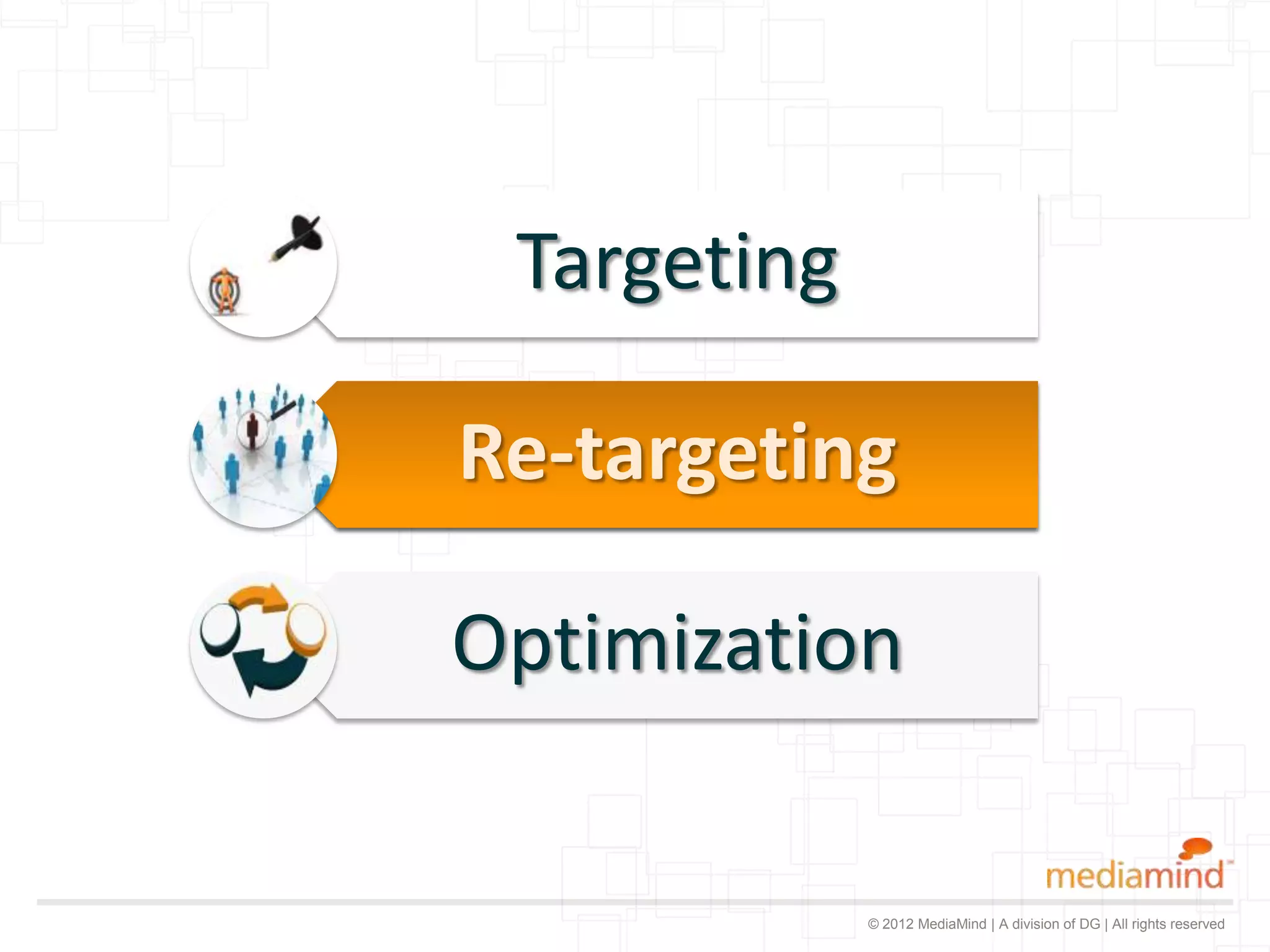 Targeting

Re-targeting

Optimization


             © 2012 MediaMind | A division of DG | All rights reserved
 