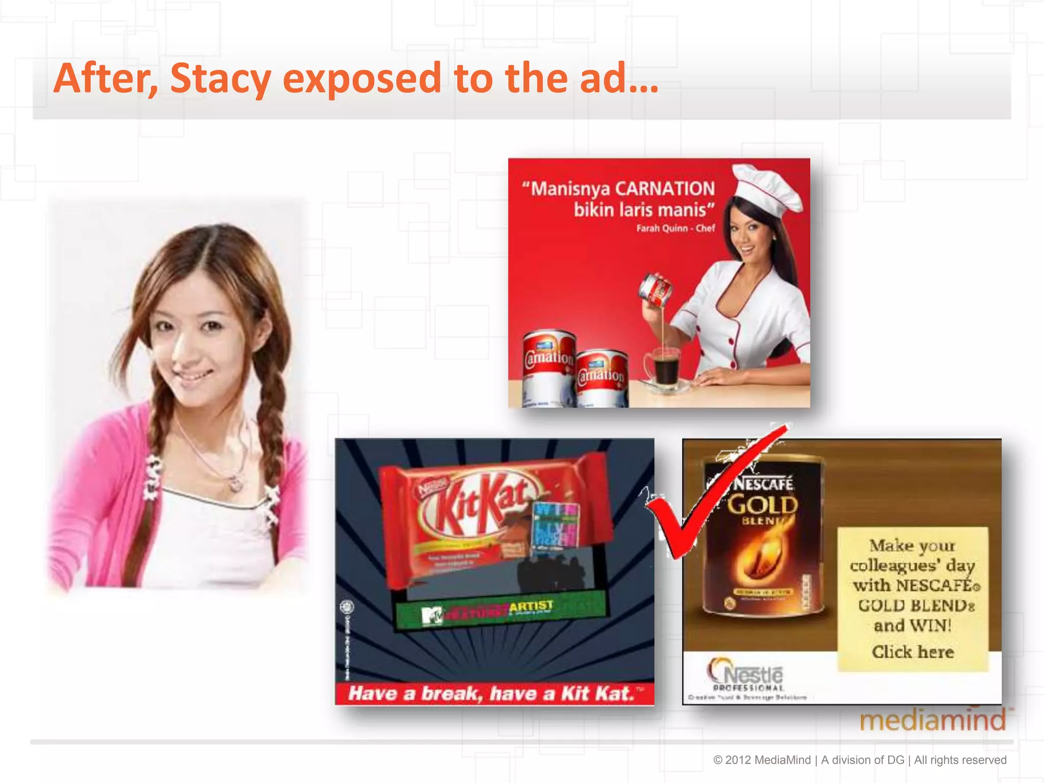 After, Stacy exposed to the ad…




                                  © 2012 MediaMind | A division of DG | All rights reserved
 
