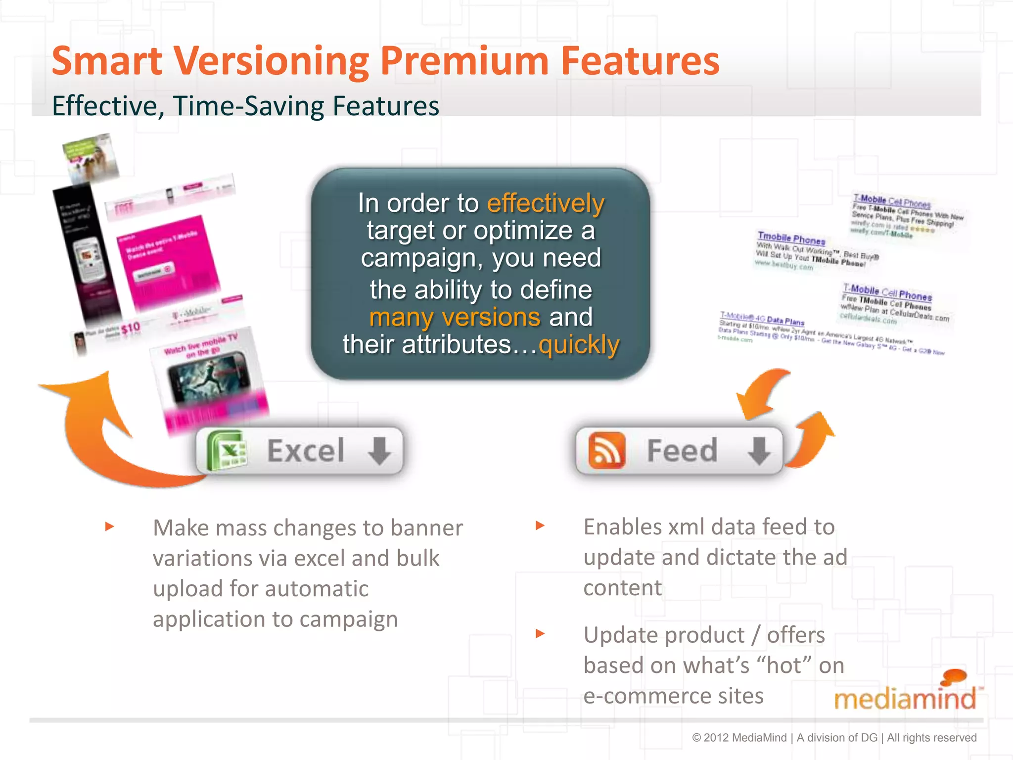 Smart Versioning Premium Features
Effective, Time-Saving Features


                           In order to effectively
                            target or optimize a
                           campaign, you need
                            the ability to define
                            many versions and
                         their attributes…quickly




    ▸   Make mass changes to banner       ▸   Enables xml data feed to
        variations via excel and bulk         update and dictate the ad
        upload for automatic                  content
        application to campaign
                                          ▸   Update product / offers
                                              based on what’s “hot” on
                                              e-commerce sites
                                                        © 2012 MediaMind | A division of DG | All rights reserved
 