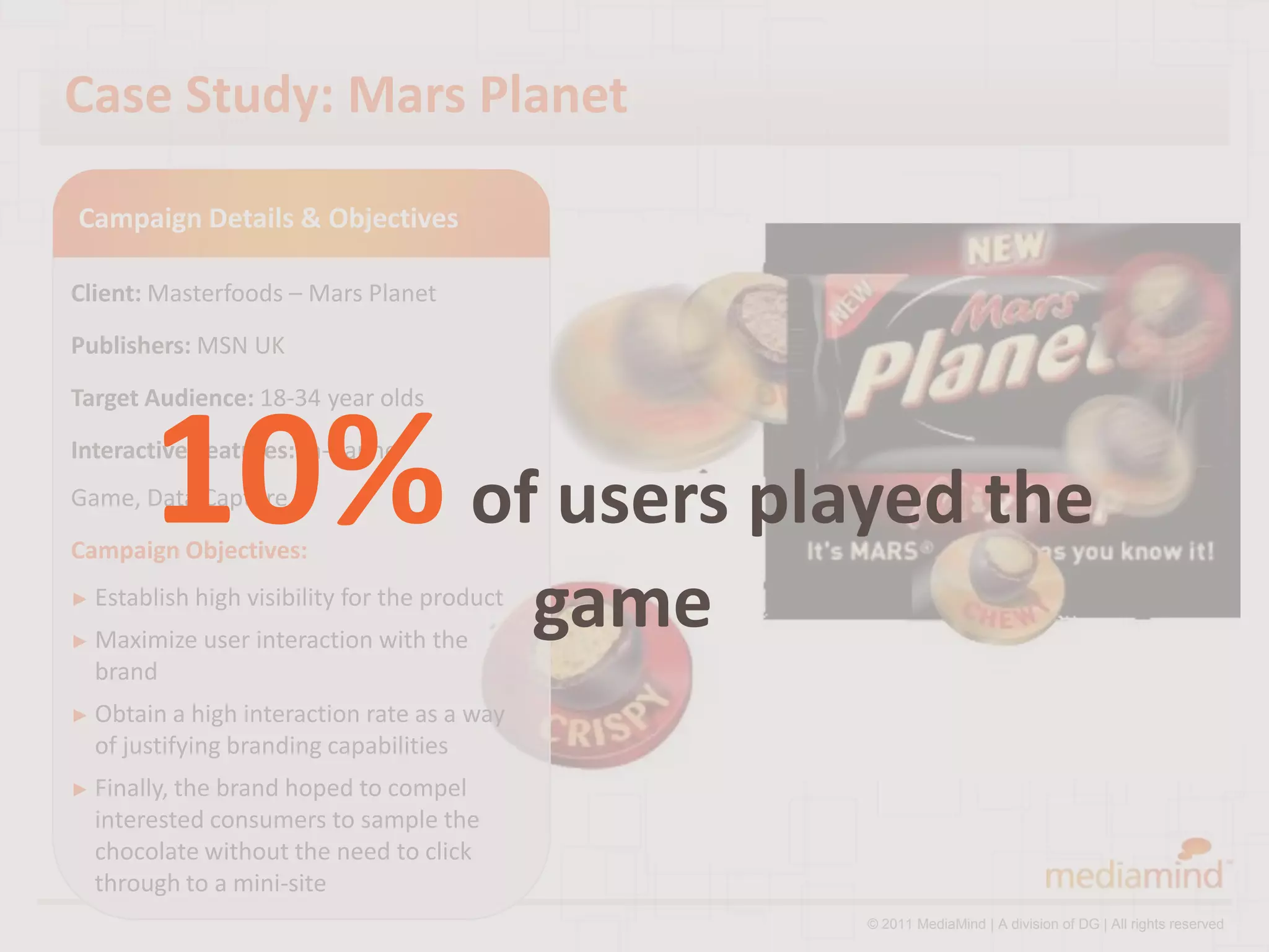 Case Study: Mars Planet

Campaign Details & Objectives

Client: Masterfoods – Mars Planet
Publishers: MSN UK
Target Audience: 18-34 year olds



        10% of users played the
Interactive Features: In-Banner
Game, Data Capture
Campaign Objectives:
► Establish high

► Maximize
                   visibility for the product
             user interaction with the
                                                game
  brand
► Obtain a  high interaction rate as a way
  of justifying branding capabilities
► Finally, thebrand hoped to compel
  interested consumers to sample the
  chocolate without the need to click
  through to a mini-site
                                                       © 2011 MediaMind | A division of DG | All rights reserved
 