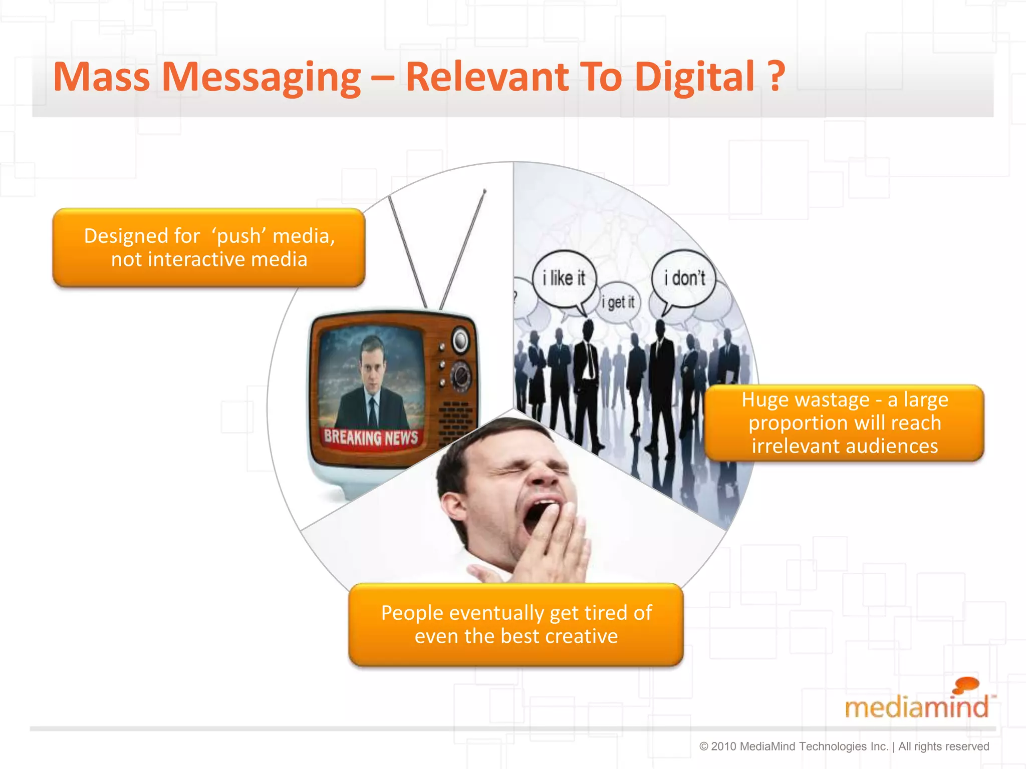 Mass Messaging – Relevant To Digital ?


 Designed for ‘push’ media,
   not interactive media




                                                                       Huge wastage - a large
                                                                       proportion will reach
                                                                        irrelevant audiences




                              People eventually get tired of
                                 even the best creative



                                                               © 2010 MediaMind Technologies Inc. | All rights reserved
 
