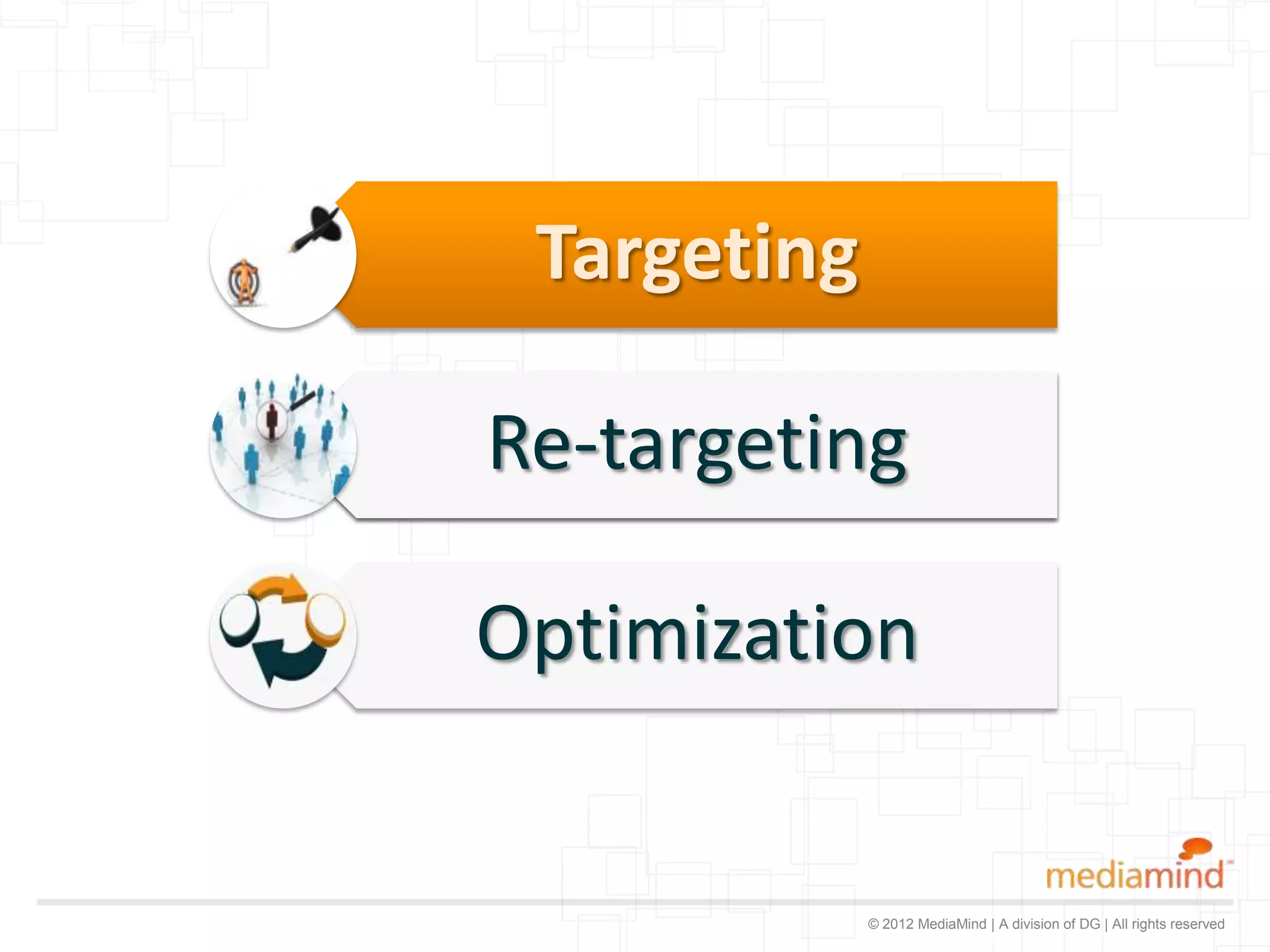 Targeting

Re-targeting

Optimization


             © 2012 MediaMind | A division of DG | All rights reserved
 