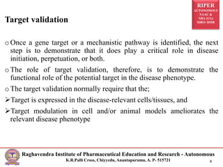 RIPER
AUTONOMOUS
NAAC &
NBA (UG)
SIRO- DSIR
Raghavendra Institute of Pharmaceutical Education and Research - Autonomous
K.R.Palli Cross, Chiyyedu, Anantapuramu, A. P- 515721 8
Target validation
o Once a gene target or a mechanistic pathway is identified, the next
step is to demonstrate that it does play a critical role in disease
initiation, perpetuation, or both.
o The role of target validation, therefore, is to demonstrate the
functional role of the potential target in the disease phenotype.
o The target validation normally require that the;
Target is expressed in the disease-relevant cells/tissues, and
Target modulation in cell and/or animal models ameliorates the
relevant disease phenotype
 