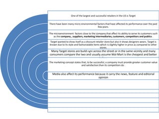One of the largest and successful retailers in the US is Target


There have been many micro environmental factors that have affected its performance over the past
                                          few years.

The microenvironment factors close to the company that affect its ability to serve its customers such
    as the company , suppliers, marketing intermediaries, customers, competitors and publics .

Target wanted to show itself as a discount retailer store but also it shows designers wears. Target is
known due to its style and fashionalable items which is slightly higher in price as compared to other
                                               stores.
 Many Target stores are build right across the street or in the same vicinity and many
consumers compare the two and usually assume Wal-Mart is the cheapest and better
                                    to buy.
The marketing concept states that, to be successful, a company must provide greater customer value
                             and satisfaction than its competitors do .


  Media also affect its performance because it carry the news, feature and editorial
                                      opinion
 