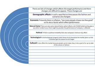 There are lots of changes which affects the target performance and there
                changes are difficult to oppose. These changes are
    Demographic affects in such a way that as time passes the fashion and
                                   scenarios are changed .
Economic Presently there is inflation, “too many people chases too few good”
                      so its also a factor which affect performance
Natural Factor There are also some natural factors which effects a lot if GOD forbid earthquake or
     any other incident occur than might be possible the performance of company is affected.


         Political. If there is political instability than also company’s revenue may affect.

 Technological As technology got progress retail stores try to dramatize the market place so that
                              customers got the reason to visit target.

Cultural It also affect the market because people use to make shop, to be a part of or up-to-date
                                      of the culture or fashion.
 