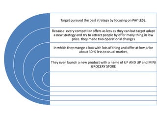 Target pursued the best strategy by focusing on PAY LESS.

Because every competitor offers as less as they can but target adapt
 a new strategy and try to attract people by offer many thing in low
             price. they made two operational changes

 in which they mange a box with lots of thing and offer at low price
                 about 30 % less to usual market.

They even launch a new product with a name of UP AND UP and MINI
                         GROCERY STORE
 