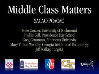 Middle Class Matters
               SACAC/PCACAC
       Nate Crozier, University of Richmond
        Phyllis Gill, Providence Day School
        Greg Grauman, American University
Mary Tipton Woolley, Georgia Institute of Technology
                 Jeff Kallay, TargetX
 