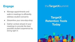 Engage
● Manage appointments and
walk-in meetings to efficiently
address student concerns
● Streamline your one-stop-shop
● Gather context ahead of your
meetings to provide the best
possible student experience by
diving right in
TargetX
Retention Tools
Today
 