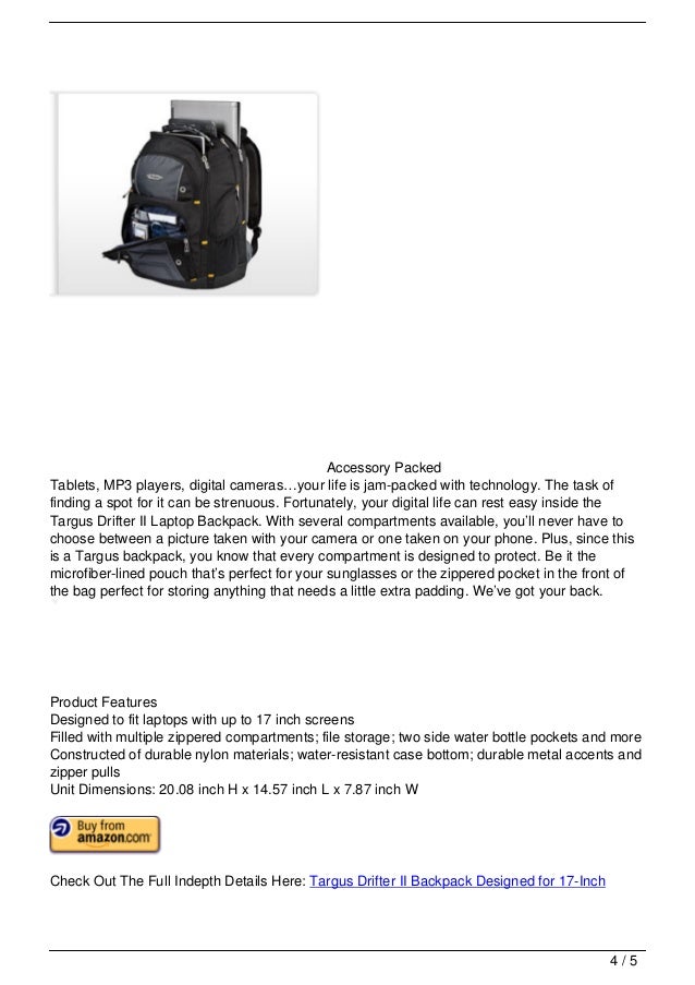 Targus Drifter II Backpack Designed for 17Inch Laptop TSB239US (Black
