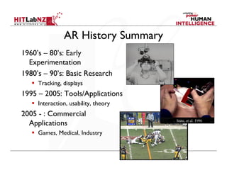 AR History Summary
1960’s – 80’s: Early
  Experimentation
1980’s – 90’s: Basic Research
     Tracking, displays
1995 – 2005: Tools/Applications
     Interaction, usability, theory
2005 - : Commercial
  Applications
     Games, Medical, Industry
 