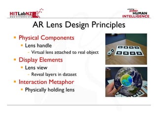 AR Lens Design Principles
Physical Components
  Lens handle
   - Virtual lens attached to real object
Display Elements
  Lens view
   - Reveal layers in dataset
Interaction Metaphor
  Physically holding lens
 