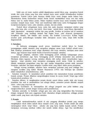Salah satu ciri teater modern adalah digunakannya naskah lakon yang merupakan bentuk
tertulis dari cerita drama yang baru akan menjadi karya teater setelah divisualisasikan kedalam
pementasan. Naskah Lakon pada dasarnya adalah karya sastra dengan media bahasa kata.
Mementaskan drama berdasarkan naskah drama berarti memindahkan karya seni dari media
bahasa kata ke media bahasa pentas. Dalam visualisasi tersebut karya sastra kemudian berubah
esensinya menjadi karya teater. Pada saat transformasi inilah karya sastra bersinggungan dengan
komponen-komponen teater, yaitu sutradara, pemain, dan tata artistik.
Naskah lakon sebagaimana karya sastra lain, pada dasarnya mempunyai struktur yang
jelas, yaitu tema, plot, setting, dan tokoh. Akan tetapi, naskah lakon yang khusus dipersiapkan
untuk dipentaskan mempunyai struktur lain yang spesifik. Struktur ini pertama kali di rumuskan
oleh Aristoteles yang membagi menjadi lima bagian besar, yaitu eksposisi (pemaparan),
komplikasi, klimaks, anti klimaks atau resolusi, dan konklusi (catastrope). Kelima bagian
tersebut pada perkembangan kemudian tidak diterapkan secara kaku, tetapi lebih bersifat
fungsionalistik.
2. Sutradara
Di Indonesia penanggung jawab proses transformasi naskah lakon ke bentuk
pemanggungan adalah sutradara yang merupakan pimpinan utama kerja kolektif sebuah teater.
Baik buruknya pementasan teater sangat ditentukan oleh kerja sutradara, meskipun unsur–unsur
lainnya juga berperan tetapi masih berada di bawah kewenangan sutradara.
Sebagai pimpinan, sutradara selain bertanggung jawab terhadap kelangsungan proses
terciptanya pementasan juga harus bertanggung jawab terhadap masyarakat atau penonton.
Meskipun dalam tugasnya seorang sutradara dibantu oleh stafnya dalam menyelesaikan tugas–
tugasnya tetapi sutradara tetap merupakan penanggung jawab utama. Untuk itu sutradara
dituntut mempunyai pengetahuan yang luas agar mampu mengarahkan pemain untuk mencapai
kreativitas maksimal dan dapat mengatasi kendala teknis yang timbul dalam proses penciptaan.
Sebagai seorang pemimpin, sutradara harus mempunyai pedoman yang pasti sehingga bisa
mengatasi kesulitan yang timbul. Menurut Harymawan (1993) Ada beberapa tipe sutradara
dalam menjalankan penyutradaraanya, yaitu:
1. Sutradara konseptor. Ia menentukan pokok penafsiran dan menyarankan konsep penafsiranya
kepada pemain. Pemain dibiarkan mengembangkan konsep itu secara kreatif. Tetapi juga terikat
kepada pokok penafsiran tsb.
2. Sutradara diktator. Ia mengharapkan pemain dicetak seperti dirinya sendiri, tidak ada konsep
penafsiran dua arah ia mendambakan seni sebagai dirinya, sementara pemain dibentuk menjadi
robot – robot yang tetap buta tuli.
3. Sutradara koordinator. Ia menempatkan diri sebagai pengarah atau polisi lalulintas yang
mengkoordinasikan pemain dengan konsep pokok penafsirannya.
4. Sutradara paternalis. Ia bertindak sebagai guru atau suhu yang mengamalkan ilmu bersamaan
dengan mengasuh batin para anggotanya.Teater disamakan dengan padepokan, sehingga pemain
adalah cantrik yang harus setia kepada sutradara.
3. Pemain
Untuk mentransformasikan naskah di atas panggung dibutuhkan pemain yang mampu
menghidupkan tokoh dalam naskah lakon menjadi sosok yang nyata. Pemain adalah alat untuk
memeragakan tokoh. tetapi bukan sekedar alat yang harus tunduk kepada naskah. Pemain
mempunyai wewenang membuat refleksi dari naskah melalui dirinya. Agar bisa merefleksikan
 