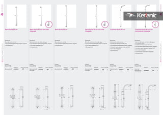 Barra ducha 60 cm Barra ducha 60 cm con codo
integrado
Barra ducha 90 cm Barra ducha 90 cm con codo
integrado
Columna ducha 90 cm Columna ducha 90 cm con
conmutación integrada
Descripción
Barra de ducha normal.
• Con pivotante deslizante giratorio, angular
• Sin guarnición
Descripción
Barra de ducha con toma de agua.
• Con pivotante deslizante giratorio, angular
• Con codo integrado G1/2
• Sin guarnición
Descripción
Barra de ducha normal.
• Con pivotante deslizante giratorio, angular
• Sin guarnición
Descripción
Barra de ducha con toma de agua.
• Con pivotante deslizante giratorio, angular
• Con codo integrado G1/2
• Sin guarnición
Descripción
Columna de ducha normal.
• Conductor del agua por el carril
• Con pivotante deslizante giratorio, angular
• Conexión para cabezal de ducha G1/2
• Con codo integrado
• Sin guarnición
Descripción
Columna de ducha con toma de agua y
conmutación baño.
• Conductor del agua por el carril
• Con pivotante deslizante giratorio, angular
• Conexión para cabezal de ducha G1/2
• Con codo integrado
• Conmutación automática integrada
• Sin guarnición
215
ARCHIMODULESERIEGRIFERÍA
01
214
ARCHIMODULESERIE
GRIFERÍA
01
Acabado
Cromo Brillo
Referencia Precio € Stock Palet
Barra ducha 60 A1526AA 275 5
Acabado
Cromo Brillo
Referencia Precio € Stock Palet
Barra ducha 60
con codo
A1527AA 295 5
Acabado
Cromo Brillo
Referencia Precio € Stock Palet
Barra ducha 90 A1528AA 300 5
Acabado
Cromo Brillo
Referencia Precio € Stock Palet
Barra ducha 90
con codo
A1529AA 325 5
Acabado
Cromo Brillo
Referencia Precio € Stock Palet
Columna ducha
90
A1530AA 500 5
Acabado
Cromo Brillo
Referencia Precio € Stock Palet
Columna
ducha 90 con
conmutación
A1531AA 575 5
NOVEDAD
NOVEDAD
 