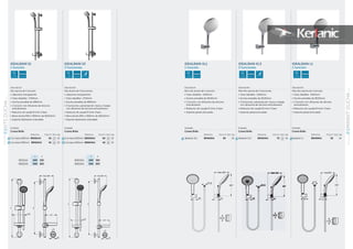 Acabado
Cromo Brillo
Referencia Precio € Stock Caja
Idealrain L1 B9459AA 50 16
IDEALRAIN L1
1 función
Descripción
Mini kits ducha de 1 función.
• Tubo Idealflex 1500mmTubo Idealflex 1500mmT
• Ducha extraíble de Ø120mm
• 1 función con difusores de silicona
anticalcáreos
• Reductor de caudal 8 l/min 3 bars
• Soporte pared articulado
IDEALRAIN XL1
1 función
Descripción
Mini kits ducha de 1 función.
• Tubo Idealflex 1500mmTubo Idealflex 1500mmT
• Ducha extraíble de Ø140mm
• 1 función con difusores de silicona
anticalcáreos
• Reductor de caudal 8 l/min 3 bars
• Soporte pared articulado
Acabado
Cromo Brillo
Referencia Precio € Stock Caja
Idealrain XL1 B9463AA 60 16
Acabado
Cromo Brillo
Referencia Precio € Stock Caja
Idealrain XL3 B9464AA 70 16
IDEALRAIN XL3
3 funciones
Descripción
Mini kits ducha de 3 funciones.
• Tubo Idealflex 1500mmTubo Idealflex 1500mmT
• Ducha extraíble de Ø140mm
• 3 funciones: pulverización, lluvia y masaje
con difusores de silicona anticalcáreos
• Reductor de caudal 8 l/min 3 bars
• Soporte pared articulado
IDEALRAIN S1
1 función
Descripción
Kits ducha de 1 función.
• Jabonera transparente
• Tubo Idealflex 1750mmTubo Idealflex 1750mmT
• Ducha extraíble de Ø80mm
• 1 función con difusores de silicona
anticalcáreos
• Reductor de caudal 8 l/min 3 bars
• Barra ducha 600 o 900mm de Ø20,6mm
• Soporte deslizante orientable
Acabado
Cromo Brillo
Referencia Precio € Stock Caja
Con barra 600mm B9501AA 50 10
Con barra 900mm B9502AA 55 10
A BA B
B9501AA 609 550
B9502AA 909 850
Acabado
Cromo Brillo
Referencia Precio € Stock Caja
Con barra 600mm B9503AA 60 10
Con barra 900mm B9504AA 65 10
IDEALRAIN S3
3 funciones
Descripción
Kits ducha de 3 funciones.
• Jabonera transparente
• Tubo Idealflex 1750mmTubo Idealflex 1750mmT
• Ducha extraíble de Ø80mm
• 3 funciones: pulverización, lluvia y masaje
con difusores de silicona anticalcáreos
• Reductor de caudal 8 l/min 3 bars
• Barra ducha 600 o 900mm de Ø20,6mm
• Soporte deslizante orientable
A BA B
B9503AA 609 550
B9504AA 909 850
40
G1/2
257
max 324
51
15 5
235
MINIKITDUCHASERIEIDEALRAIN
01
234
KITSDUCHASERIE
IDEALRAIN
01
 