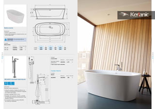 IMPORTANTE: Solo está disponible en
blanco brillo
Bañera exenta
MELANGE mezclador baño/ducha
Descripción
•	Acrílico, suave al tacto
•	Cubre pileta desagüe en material acrílico con
forma trapezoidal
Descripción
Mezclador exterior baño/ducha.
•	Cartucho cerámico multiport de 40mm con
limitador de temperatura y desviador integrado
en el interior del cuerpo
•	Aireador regulable M24 5 L/min
•	Equipado con accesorios: Duchon, extraíble
con difusores de silicona anticalcáreos, tubo
Idealflex 1250mm
•	Es necesario utilizar el cuerpo A6133NU
(se vende por separado)
Acabado
Blanco brillo
Referencia Precio € Stock Palet
190 x 90 E306801 2.250 5
180 x 80 E306701 2.000 5
Acabado
Cromo brillo
Referencia Precio € Stock Palet
Mezclador exterior
baño/ducha
A6120AA 1.175 5
Acabado
Neutro
Referencia Precio € Stock Palet
A6133NU A6133NU 455 5
A B C D E F
E3068 1800 800 1215 660 1545 525
E3067 1900 900 1315 760 1645 625
Cuerpo interno
* Pedir cuerpo interno A6133NU
269
DEABAÑERAS
01
268
DEABAÑERAS
01
 