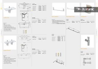 Acabado
Blanco brillo
Referencia Precio € Stock Palet
Semipedestal 7Kg E711301 62 10
SemipedestalBarras toalleros Barra toallero doble
Acabado
Cromo
Referencia Precio € Stock Palet
Toallero 100 E6984AA 155 10
Toallero 85 E6983AA 105 10
Toallero 70 E6982AA 95 10
Toallero 45 E6981AA 90 20
Acabado
Cromo
Referencia Precio € Stock Palet
Toallero 130 E6985AA 155 10
Sifón cromado
Acabado
Cromo
Referencia Precio € Stock Palet
Sifón cromado
para lavabo
J3747AA 103 10
A BA B
E6084 949 914949 914
E6083 798 763
E6082 648 613
E6081 450 415
NOVEDAD
Lavabos TOP
Descripción
• Gres
• Rebosadero estándar
• Con agujero para grifería
• El lavabo puede completarse con
mueble, semipedestal o Sifón de diseño.
• Si se instala sin mueble puede equiparse
con una barra toallero
• Juego de fijación incluido
NOVEDAD
Acabado
Blanco brillo
Referencia Precio € Stock Palet
Lavabo 100 P733201 335 10
Lavabo 85 P733301 271 10
Lavabo 70 P733401 150 10
Lavabo 60 E400501 125 10
Acabado
Blanco brillo
Referencia Precio € Stock Palet
Lavabo 130 P733501 532 10
Lavabos TOP 130
Descripción
• Gres
• Rebosadero estándar
• Con agujero central abierto para grifería
• El lavabo puede completarse con
mueble, semipedestal o Sifón de diseño.
• Si se instala sin mueble puede equiparse
con una barra toallero
• Juego de fijación incluido
490
280280 300 280280 300
580
580 580
150150
145
45
850
795
615
565
8080
475
175
1300
45
125
305
205
65
490
280280 300 280280 300
580
580 580
150150
145
45
8080
475
175
1300
850
45
125
305
205
65
490
280280 300 280280 300
580
580 580
150150
145
45
8080
475
175
1300
45
125
305
205
65Ø35
850
795
615
565
490
65
475A
205
150
145
45
280 280
80
45
305
175
125
490
65
475
0
0 280
80
850
45
305
175
125
490
65
475
A
205
Ø35
150
145
45
280 280
80
45
305
175
125
A
P7332 1000
P7333 850
P7334 700
E4005 600
Descripción
• Toallero 45cm para posicionar en losToallero 45cm para posicionar en losT
laterales, dos unidades, las demás medidas
son para colocar en la parte frontal y hacer
la función de toallero
• Lavabo de 60 no dispone de barra toallero
OPCIONAL
Para todos los acabados
Referencia Precio € Stock Palet
Juego de fijación J117767 5 10
Sifón cromado
para lavabo
J3747AA 103 10
OPCIONAL
Para todos los acabados
Referencia Precio € Stock Palet
Juego de fijación J117767 5 10
Sifón cromado
para lavabo
J3747AA 103 10
35
CONNECTSERIEMUEBLESYLAVABOS
01
34
CONNECTSERIE
MUEBLESYLAVABOS
01
 