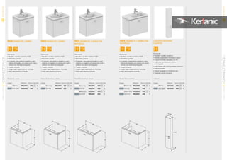 Columna
Acabado Referencia Precio € Stock Palet
Blanco C6751WG 260 4
Gris Claro C6751KR 260 4
Columna reversible
2 puertas
NOVEDAD
NOVEDAD
Descripción
• Mueble + lavabo cerámico
• Mueble suspendido montado a pared
• Columna fondo reducido a 21 cm
• 2 puertas reversibles con cierre
amortiguado
• 4 estanterias de cristal ajustables interiores
• Exterior lacado
• Interior acabado en melamina gris
• Tiradores cromo incluidos
43
CONNECTSPACESERIEMUEBLESYLAVABOS
01
42
CONNECTSPACESERIE
MUEBLESYLAVABOS
01
300300300
PACK Mueble 70 + lavabo Top
Asimétrico
Mueble 70cm asimétrico
Acabado Referencia Precio € Stock Palet
Blanco Izq P8519WG 550 6
Gris Izq P8519KR 550 6
Blanco Dch P8518WG 550 6
Gris Dch P8518KR 550 6
513513513
3737375
690690
PACK Mueble 50 + lavabo
Descripción
• Mueble + lavabo cerámico TOP
• Montado a pared
• 2 cajones, uno externo metálico y otro
interno en madera con extracción total y
ambos con cierre amortiguado
• Tirador incluido
• Juego cajas organizadoras incluidas
• Sifón salva espacio incluido
Mueble 50 + lavabo
Acabado Referencia Precio € Stock Palet
Blanco P8514WG 395 6
Gris Claro P8514KR 395 6
Descripción
• Mueble + lavabo cerámico TOP
• Montado a pared
• 2 cajones, uno externo metálico y otro
interno en madera con extracción total y
ambos con cierre amortiguado
• Tirador incluido
• Juego cajas organizadoras incluidas
• Sifón salva espacio incluido
Descripción
• Mueble + lavabo cerámico TOP
• Montado a pared
• 2 cajones, uno externo metálico y otro
interno en madera con extracción total y
ambos con cierre amortiguado
• Tirador incluido
• Juego cajas organizadoras incluidas
• Sifón salva espacio incluido
Descripción
• Mueble + lavabo cerámico TOP
• Montado a pared
• 2 cajones, uno externo metálico y otro
interno en madera con extracción total y
ambos con cierre amortiguado
• Tirador incluido
• Juego cajas organizadoras incluidas
• Sifón salva espacio incluido
PACK Mueble 55 + lavabo
513513513
375375375
513513513
375375375
PACK Mueble 60 + lavabo Top
Asimétrico
Mueble 60 asimétrico + lavabo
Acabado Referencia Precio € Stock Palet
Blanco Izq P8517WG 450 6
Gris Izq P8517KR 450 6
Blanco Dch P8516WG 450 6
Gris Dch P8516KR 450 6
Mueble 55 asimétrico + lavabo
Acabado Referencia Precio € Stock Palet
Blanco Izq P8515WG 415 6
Gris Izq P8515KR 415 6
513513513
375375375
 