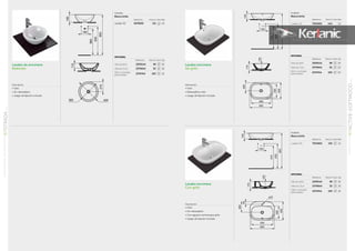 Lavabo de encimera
Redondo
Descripción
• Gres
• Sin rebosadero
• Juego de fijación incluido
Acabado
Blanco brillo
Referencia Precio € Stock Palet
Lavabo 42 K078301 121 10
OPCIONAL
Referencia Precio € Stock Caja
Válvula libre J3291AA 38 10
Válvula Click J3746AA 32 10
Sifón cromado
para lavabo
J3747AA 103 10
210
425360
850
630
580
150
160
110
210 425360
150
160
110
210
425360
150
160
110
Lavabo encimera
Sin grifo
Descripción
• Gres
• Sin rebosadero
• Con agujero central para grifo
• Juego de fijación incluido
OPCIONAL
Referencia Precio € Stock Caja
Válvula libre J3291AA 38 10
Válvula Click J3746AA 32 10
Sifón cromado
para lavabo
J3747AA 103 10
Acabado
Blanco brillo
Referencia Precio € Stock Palet
Lavabo 55 T054501 144 12
Acabado
Blanco brillo
Referencia Precio € Stock Palet
Lavabo 60 T054601 155 12
Lavabo encimera
Con grifo
Descripción
• Gres
• Rebosadero visto
• Juego de fijación incluido
OPCIONAL
Referencia Precio € Stock Caja
Válvula libre J3291AA 38 10
Válvula Click J3746AA 32 10
Sifón cromado
para lavabo
J3747AA 103 10
67
ACTIVE-SOFTMOODSERIE
LAVABOSEncimera
01
66
STRADASERIE
LAVABOENCIMERA,ENCASTRAR,TÓTEM
01
 