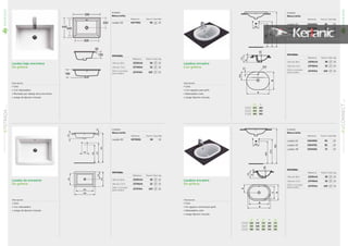 68
STRADASERIE
LAVABOSENCASTRE
01
NOVEDAD
OPCIONAL
Referencia Precio € Stock Caja
Válvula libre J3291AA 38 10
Válvula Click J3746AA 32 10
Sifón cromado
para lavabo
J3747AA 103 10
OPCIONAL
Referencia Precio € Stock Caja
Válvula libre J3291AA 38 10
Válvula Click J3746AA 32 10
Sifón cromado
para lavabo
J3747AA 103 10
A BA B
E5040 620 460
E5039 550 430
E5038 480 400
A B C D EA B C D E
E5049 620 545 335 410 175
E5047 550 480 310 380 190
E5045 480 415 285 410 205
Lavabos encastre
Sin grifería
Descripción
• Gres
• Sin agujero central para grifo
• Rebosadero visto
• Juego fijación incluido
Lavabos encastre
Con grifería
Descripción
• Gres
• Con agujero para grifo
• Rebosadero visto
• Juego fijación incluido
Acabado
Blanco brillo
Referencia Precio € Stock Palet
Lavabo 62 E504001 85 20
Lavabo 55 E503901 75 20
Lavabo 48 E503801 55 20
Acabado
Blanco brillo
Referencia Precio € Stock Palet
Lavabo 62 E504901 95 20
Lavabo 55 E504701 85 20
Lavabo 48 E504501 75 20
B
A
205
70
Ø35
850
615
565
150
40
175
125
B
A
205
70
Ø35
850
615
565
150
40
175
125
B
A
205
70
Ø35
850
615
565
150
40
175
125
B
A
850
615
565
150
D
C
125
15
175
E
B
A
850
615
565
150
D
C
125
15
175
E
B
A
850
615
565
150
D
C
125
15
175
E
B
A
850
615
565
150
D
C
125
15
175
E
B
A
850
615
565
150
D
C
125
15
175
E
B
A
850
615
565
150
D
C
125
15
175
E
Lavabo de encastrar
Sin grifería
Descripción
• Gres
• Con rebosadero
• Juego de fijación incluido
Acabado
Blanco brillo
Referencia Precio € Stock Palet
Lavabo 50 K077901 98 10
Acabado
Blanco brillo
Referencia Precio € Stock Palet
Lavabo 60 K078001 98 10
OPCIONAL
Referencia Precio € Stock Caja
Válvula libre J3291AA 38 10
Válvula Click J3746AA 32 10
Sifón cromado
para lavabo
J3747AA 103 10
Lavabo bajo encimera
Sin grifería
Descripción
• Gres
• Con rebosadero
• Montado por debajo de la encimera
• Juego de fijación incluido
OPCIONAL
Referencia Precio € Stock Caja
Válvula libre J3291AA 38 10
Válvula Click J3746AA 32 10
Sifón cromado
para lavabo
J3747AA 103 10
69
CONNECTSERIELAVABOSENCASTRE
01
NOVEDAD
 