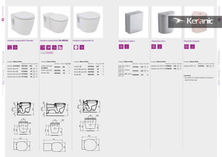Depósitos Cúbico Depósitos Arco Depósito Angular
Acabado: Blanco Brillo
Referencia Precio € Stock Palet
Depósito Cúbico
6/3L A/I
E797001 128 12
Depósito Cúbico
6/3L A/L
E797101 128 12
Depósito XL Cúbico
6/3L A/I
E608001 175 10
Acabado: Blanco Brillo
Referencia Precio € Stock Palet
Depósito Arco 6/3L A/I E786101 128 12
Depósito Arco 6/3L A/L E785601 128 12
Acabado: Blanco Brillo
Referencia Precio € Stock Palet
Depósito 6/3L A/I E120201 151 12
Importante
• Se utiliza con Inodoro abierto o Inodoro a
pared tanque bajo
130
CONNECTFREEDOMSERIE
INODOROSYBIDÉS
01
131
CONNECTFREEDOMSERIEINODOROSYBIDÉS
01
NOVEDAD
NOVEDAD
Acabado: Blanco Brillo
Referencia Precio € Stock Palet
Inodoro elevado
Sin BRIDA
E819501 325 5
Asiento tapa ABS E822501 60 5
Asiento ABS E822601 50 5
Acabado: Blanco Brillo
Referencia Precio
€€
Stock Palet
Inodoro XL E607601 225 8
Asiento XL tapa Soft E824001 95 5
Asiento XL tapa ABS E607801 55 5
Aro XL ABS E824201 45 5
Inodoro suspendido XL
Acabado: Blanco Brillo
Referencia Precio € Stock Palet
Inodoro ELEVADO E607501 200 12
Asiento tapa Soft E712701 82 12
Asiento tapa ABS E712801 43 12
Asiento tapa fina Soft E772401 84 12
Asiento tapa fina ABS E772301 45 12
Inodoro suspendido Elevado Inodoro suspendido Sin BRIDA
Cumple el CTE DB SUA
 