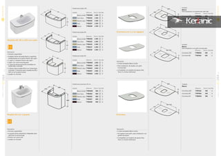 540
800/1000
12
500
600
12
500
600
12
540
800/1000
12
540
800/1000
12
Descripción
• Armario suspendido
• Acabado interior de lacado blanco y superficie
antideslizante en la parte inferior del cajón
• 1 cajón y 1 estante interior del cajón
• Cajón con cierre amortiguado.
• 2 cajas de almacenamiento extraíbles en
metacrilato colorado
• 1 divisor para mueble 60cm en metacrilato
colorado, 2 divisores para muebles de 80 y
100 cm en la parte frontal
• Lavabo no incluido
Descripción
• Armario suspendido
• La puerta tiene estanterías integradas para
optimizar el almacenaja
• Puerta con cierre soft
• Lavabo no incluido
NOVEDAD
NOVEDAD
Mueble 50 con 1 puerta
Mueble para lavamanos 50 cm
Acabado Referencia Precio € Stock Palet
Blanco brillo T7853WG 850 6
Gris Claro T7853S2 850 6
Marrón claro T7853S3 850 6
Azul T7853S7 850 6
Alerce T7853S9 850 6
Mueble para lavabo 60
Acabado Referencia Precio € Stock Palet
Blanco brillo T7850WG 1.050 6
Gris Claro T7850S2 1.050 6
Marrón claro T7850S3 1.050 6
Azul T7850S7 1.050 6
Alerce T7850S9 1.050 6
Mueble para lavabo 80
Acabado Referencia Precio € Stock Palet
Blanco brillo T7851WG 1.200 6
Gris Claro T7851S2 1.200 6
Marrón claro T7851S3 1.200 6
Azul T7851S7 1.200 6
Alerce T7851S9 1.200 6
Mueble para lavabo 100
Acabado Referencia Precio € Stock Palet
Blanco brillo T7852WG 1.350 6
Gris Claro T7852S2 1.350 6
Marrón claro T7852S3 1.350 6
Azul T7852S7 1.350 6
Alerce T7852S9 1.350 6
375
490
480
Encimera con 1 y sin agujero
Encimera
Muebles 60, 80 o 100 con cajón
495
590
450
990
450
535
790
450
535
Acabado
Blanco
Para instalación con grifo incorporado
Referencia Precio € Stock Palet
Encimera 100 T7880SA 455 6
Encimera 80 T7879SA 425 6
Acabado
Blanco
Para instalación con grifería de caño alto
Referencia Precio € Stock Palet
Encimera 100 T7868SA 455 6
Encimera 80 T7867SA 425 6
Encimera 60 T7866SA 350 6
Descripción
• Cristal templado Blanco brillo
• Para instalación de lavabo con grifo
incorporado
• compatible con lavabos de apoyo Dea,
Tonic II y Active Softmood
Descripción
• Cristal templado Blanco brillo
• Sin agujero para grifo, para instalación con
grifería de pared
• Compatible con lavabos de apoyo Dea,
Tonic II y Active Softmood
Acabado
Blanco
Referencia Precio € Stock Palet
Encimera 100 T7871SA 455 6
Encimera 80 T7870SA 425 6
Encimera 60 T7869SA 350 6
10
DEASERIE
MUEBLESYLAVABOS
01
11
DEASERIEMUEBLESYLAVABOS
01
 