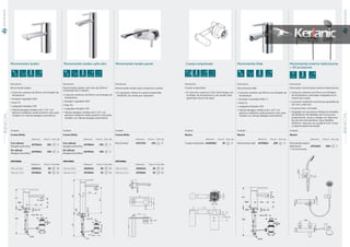 145
NEONSERIEGRIFERíAS
01
144
NEONSERIE
GRIFERíAS
01
Cuerpo empotrado Monomando BidéMonomando lavabo pared
42
Monomando lavabo Monomando lavabo caño alto
NOVEDAD
NOVEDAD
Monomando exterior baño/ducha
+ Kit accesorios
OPCIONAL
Referencia Precio € Stock Palet
Válvula libre J3291AA 38 10
Válvula Click J3746AA 32 10
OPCIONAL
Referencia Precio € Stock Palet
Válvula libre J3291AA 38 10
Válvula Click J3746AA 32 10
OPCIONAL
Referencia Precio € Stock Palet
Válvula libre J3291AA 38 10
Válvula Click J3746AA 32 10
Descripción
Monomando lavabo caño alto de 120mm
compuesto de 2 cuerpos.
• Cartucho cerámico de 35mm con limitador de
temperatura
• Aireador regulable M24
• Easy Fix
• Latiguillos flexibles 3/8
• Válvula desagüe metálica de 1-1/4” con
apertura mediante varilla posterior (solo para
modelo con válvula desagüe automática)
Acabado
Cromo Brillo
Referencia Precio € Stock Caja
Con válvula
desagüe automática
A5706AA 350 6
Sin válvula
desagüe automática
A5707AA 338 6
Acabado
Cromo Brillo
Referencia Precio € Stock Caja
Con válvula
desagüe automática
A5702AA 250 6
Sin válvula
desagüe automática
A5703AA 238 6
Acabado
Cromo Brillo
Referencia Precio € Stock Caja
Monomando A5717AA 245 8
Acabado
Neutro
Referencia Precio € Stock Caja
Cuerpo empotrado A4265NU 95 6
Acabado
Neutro
Referencia Precio € Stock Caja
Monomando bidé A5708AA 250 6
Acabado
Neutro
Referencia Precio € Stock Caja
Monomando exterior
baño/ducha
+ Kit accesorios
A5710AA 500 3
Descripción
Monomando lavabo.
• Cartucho cerámico de 35mm con limitador de
temperatura
• Aireador regulable M24
• Easy Fix
• Latiguillos flexibles 3/8
• Válvula desagüe metálica de 1-1/4” con
apertura mediante varilla posterior (solo para
modelo con válvula desagüe automática)
Descripción
Monomando lavabo para instalación a pared.
• Es necesario utilizar el cuerpo empotrado
A4265NU (se vende por separado)
Descripción
Cuerpo empotrado.
• El cartucho cerámico Click Technology conEl cartucho cerámico Click Technology conEl cartucho cerámico Click T
limitador de temperatura y de caudal, para
garantizar ahorro de agua
Descripción
Monomando bidé.
• Cartucho cerámico de 35mm con limitador de
temperatura
• Aireador orientable M18 x 1
• Easy Fix
• Latiguillos flexibles 3/8
• Válvula desagüe metálica de 1-1/4” con
apertura mediante varilla posterior (solo para
modelo con válvula desagüe automática)
Descripción
Mezclador monomando exterior baño/ducha.
• Cartucho cerámico de 47mm con limitador
de temperatura y desviador integrados en el
interior del cuerpo
• Conexión mediante excéntricas ajustable de
137 mm a 163 mm
• Guarniciones cromadas
• Equipado con accesorios:TeleduchaEquipado con accesorios:TeleduchaEquipado con accesorios:T extraíble
de Ø100mm M3 IdelaRain de 3 funciones:
pulverización, lluvia y masaje con difusores
de silicona anticalcáreos, tubo Idealflex
1500mm, reductor de caudal 8 l/min 3 bars
y soporte pared articulado
 