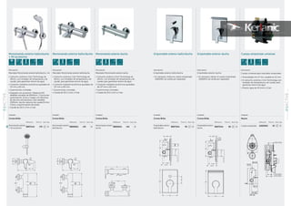 165
ACTIVESERIEGRIFERíAS
01
164
ACTIVESERIE
GRIFERíAS
01
Monomando exterior baño/ducha Monomando exterior duchaMonomando exterior baño/ducha
+ Kit accesorios
93
208
B 8069 .. B 8066 ..
Ø70 G1/2
150±13
276
276
G1/2
G1/2
Ø70
150±13
121
93
208
B 8069 .. B 8066 ..
Ø70 G1/2
150±13
276
276
G1/2
G1/2
Ø70
150±13
121
93
208
B 8069 .. B 8066 ..
Ø70 G1/2
150±13
276
276
G1/2
G1/2
Ø70
150±13
121
Empotrable exterior baño/ducha Empotrable exterior ducha
41-63
54-76
140
210
35-57
6
47
G1/2
130
G1/2
35-57
41-63
54-76
130
6
G1/2
G1/2
65
140
210
41-63
54-76
140
210
35-57
6
47
G1/2
130
G1/2
35-57
41-63
54-76
130
6
G1/2
G1/2
65
140
210
Cuerpo empotrado universal
++++
Acabado
Neutro
Referencia Precio € Stock Caja
Cuerpo empotrado A2650NU 50 10
Descripción
Cuerpo universal para mezclador empotrado.
•	Profundidad min 57 mm variable en 22 mm
•	El cartucho cerámico Click Technology con
limitador de temperatura y de caudal, para
garantizar ahorro de agua
•	Presión agua de 20 l/min a 3 bar
Acabado
Cromo Brillo
Referencia Precio € Stock Caja
Monomando exterior
+ Kit accesorios
B8071AA 170 10
Acabado
Cromo Brillo
Referencia Precio € Stock Caja
Monomando exterior
baño/ducha
B8069AA 145 10
Acabado
Cromo Brillo
Referencia Precio € Stock Caja
Monomando exterior
ducha
B8066AA 142 10
Acabado
Cromo Brillo
Referencia Precio € Stock Caja
Empotrable exterior
baño/ducha
B8073AA 95 10
Acabado
Cromo Brillo
Referencia Precio € Stock Caja
Empotrable exterior
ducha
B8072AA 60 10
Descripción
Mezclador Monomando exterior baño/ducha + kit.
•	Cartucho cerámico Click Technology de
40mm, con limitador de temperatura y de
caudal, para garantizar ahorro de agua
•	Conexión mediante excéntricas ajustables de
137 mm a 163 mm
•	Guarniciones cromadas
•	Equipado con accesorios: Teleducha M3
IdealRain extraíble de Ø100mm, 3 funciones:
pulverización, lluvia y masaje con difusores
de silicona anticalcáreos, tubo Idealflex
1500mm, ducha, reductor de caudal 8 l/min
3 bars y soporte pared articulado
•	Caudal de 20,5 L/min a 3 bar
Descripción
Mezclador Monomando exterior baño/ducha.
•	Cartucho cerámico Click Technology de
40mm, con limitador de temperatura y de
caudal, para garantizar ahorro de agua
•	Conexión mediante excéntricas ajustables de
137 mm a 163 mm
•	Guarniciones cromadas
•	Caudal de 20,5 L/min a 3 bar
Descripción
Mezclador Monomando exterior ducha.
•	Cartucho cerámico Click Technology de
40mm, con limitador de temperatura y de
caudal, para garantizar ahorro de agua
•	Conexión mediante excéntricas ajustables
de 137 mm a 163 mm
•	Guarniciones cromadas
•	Caudal de 20,5 L/min a 3 bar
Descripción
Empotrable exterior baño/ducha.
•	Es necesario utilizar el cuerpo empotrado
A2650NU (se vende por separado)
Descripción
Empotrable exterior ducha.
•	Es necesario utilizar el cuerpo empotrado
A2650NU (se vende por separado)
 