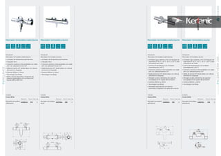 Mezclador termostática ducha Mezclador termostática duchaMezclador termostática baño/ducha Mezclador termostática baño/ducha
Descripción
Mezclador termostática ducha.
• Limitador de temperatura permanente.
• Indicador 40ºC
• Cartucho cerámico intercambiable con rejilla
anti-cal, cabezal/inversor 1/2”
• Salida de ducha 1/2” desde abajo con válvula
antirretorno integrada
• Centros 150mm ± 13mm
• Tecnología Cool BodyTecnología Cool BodyT
Descripción
Mezclador termostática ducha.
• Limitador agua caliente y fría con bloqueo de
seguridad en 40 °C, 43 °C, 45 °C o 50 °C bajo
una presión de 3 bars
• Control de temperatura con limitador
preestablecido a 40 °C
• Cartucho cerámico intercambiable con rejilla
anti-cal, cabezal/inversor 1/2”
• Salida de ducha 1/2” desde abajo con válvula
antirretorno integrada
• Herrajes ocultos, elementos de sujeción
incrustados en el cuerpo del accesorio
• Centros 150mm ± 13mm
• Tecnología Cool BodyTecnología Cool BodyT
Descripción
Mezclador termostática baño/ducha.
• Limitador de temperatura permanente.
• Indicador 40ºC
• Cartucho cerámico intercambiable con rejilla
anti-cal, cabezal/inversor 1/2”
• Salida de ducha 1/2” desde abajo con válvula
antirretorno integrada
• Centros 150mm ± 13mm
• Tecnología Cool BodyTecnología Cool BodyT
• Baño-ducha desviador integrado de
retorno automático con proyección
ducha 198 a 168 mm
Descripción
Mezclador termostática baño/ducha.
• Limitador agua caliente y fría con bloqueo de
seguridad en 40 °C, 43 °C, 45 °C o 50 °C bajo
una presión de 3 bars
• Control de temperatura con limitador
preestablecido a 40 °C
• Cartucho cerámico intercambiable con rejilla
anti-cal, cabezal/inversor 1/2”
• Salida de ducha 1/2” desde abajo con válvula
antirretorno integrada
• Herrajes ocultos, elementos de sujeción
incrustados en el cuerpo del accesorio
• Centros 150mm ± 13mm
• Tecnología Cool BodyTecnología Cool BodyT
• Desviador baño/ducha con retorno
automático integrado a la salida de la ducha
Acabado
Cromo Brillo
Referencia Precio € Stock Caja
Mezclador termostático
ducha
A4279AA 260 5
Acabado
Cromo Brillo
Referencia Precio € Stock Caja
Mezclador termostática
baño/ducha
A4627AA 245 6
Acabado
Cromo Brillo
Referencia Precio € Stock Caja
Mezclador termostático
baño/ducha
A4281AA 375 3
Acabado
Cromo Brillo
Referencia Precio € Stock Caja
Mezclador termostática
baño/ducha
A4630AA 325 6
187
CERATHERM200SERIETERMOSTÁTICAS
01
186
MELANGESERIE
TERMOSTÁTICAS
01
150 76
102
137-163
300
Ø70
G 1/2
G 1/2
31
96
168
76
76
198
137-163
Ø70
G 1/2
G 1/2
300
332
137 - 163
Ø64
163
67
G 1/2
G 1/2
2230
NOVEDAD
 