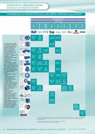 AVK
BELGICAST
FERTOR
DUCTIL
HUOT
SOVAL
HAWLE
URCAST
ARPOL
VICAN
serie 712
DN110-
315
serie
1.000A
DN110-
400
serie R5
D110-250
serie 389
D110-315
serie SR5
D110-250
serie 712
DN110-
315
serie 712
DN110-
315
serie
4.325
DN110-
400
serie 712
DN110-
315
serie
4.050-4.075
DN110-400
serie 712
DN110-
315
serie 1.050
DN110-
400
serie 10
DN110-
316
serie 623
DN110-
315
serie
1.300
D110-315
serie
05TB
D110-315
serie 15
D110-315
serie 15
D110-200
serie 390
D110-315
serie 390
autobutée
D110-316
serie
05BE
D110-315
serie R6
DN110-
250
serie 5600
DN110-
400
serie SR6
DN110-
315
series 88P
y 89P
D110-200
serie large
plage LP6
D110-315
Serie
System
2000
DN110-400
series
HAKU 5250
D110-400 y
HAKU 5310
D110-160
series
UR-03 y
UR-30
D110-315
gamme
REP séries
IBXR, IBYR
a IDYR
DN110-400
series PVC
DN110-
400
series
4.175 A
4.250
DN110-401
serie 05C
D110-315
serie 14
D110-315
144
La presente tabla recoge
una relación de accesorios
que han sido probados
satisfactoriamente con la
tubería Uratop. Estos
accesorios resultan por
tanto compatibles con
dicha tubería, si bien ello
no implica que los
accesorios no recogidos en
esta tabla no sean
compatibles con la tubería
Uratop, sino que
simplemente no han sido
probados aún.
El procedimiento seguido
para la realización de los
ensayos es el descrito en la
ACT 54-985, consistente en
una evaluación de las
deformaciones (ovalización,
estricción y pellizco), y en
la realización de tres
ensayos:
• Estanquidad a presión
interna,
• Estanquidad a presión
interna negativa y
• Estanquidad a presión
interna cíclica.
La presente tabla se
muestra a título orientativo
e informa de la validez de
ciertos accesorios con la
tubería Uratop a partir de
ensayos realizados en
laboratorio.
Adequa no se hace
responsable del
funcionamiento de estos
accesorios, ya que ello
depende del fabricante o
comercializador de los
mismos.Así mismo Adequa
declina toda
responsabilidad respecto al
resultado final del uso de
estos accesorios, ya que
ello puede ser función del
procedimiento seguido
durante la instalación.
ACCESORIOS PN16
TUBO PN16
La presente tabla está actualizada con fecha 31/12/2014. NOTA IMPORTANTE: Los productos no contemplados en la presente
tabla, puede ser igualmente válidos para ser usados con nuestra tubería de PVC-O Uratop, si bien no han sido ensayados en
nuestras instalaciones.
*Los accesorios de estos fabricantes sólo se han probado con tubo PN25,
próximamente se realizarán los ensayos con tubería PN16.
Manguitos de
fundición
junta
elástica
(uniones gibault)
Manguitos
de fundición
junta
elástica
antitracción
Codos de fundición junta
elástica
Reducciones de fundición
junta elástica
Tés de
fundición
junta
elástica
Enchufes
brida de
fundición
junta
elástica
Uniones de
fundición
con brida
Uniones
de
fundición
con brida
antitracción
Collarines
con cierre
semiluna
Collarines de bandas, de
cinchas o de tijera
Accesorios
multidiámetro
o universales
SISTEMA DE PVC ORIENTADO URATOP
COMPATIBILIDAD ACCESORIOS METÁLICOS CON TUBERÍA ORIENTADA adequa URATOP®
soluciones para abastecimiento y distribución / soluções para abastecimento e distribuição
Abrazaderas
de
reparación
Accesorios de
acero junta
elástica
tarifa adequa® marzo 2015
3.1 URATOP 140-145_Maquetación 1 16/01/15 16:17 Página 144
 