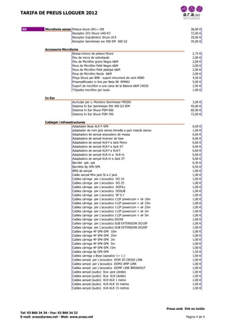 TARIFA DE PREUS LLOGUER 2012


 SO           Microfonia sense fils
                                Petaca shure UR1=-J5E                                                       36,00   €
                                Receptor 2Ch Shure U4D-R7                                                   72,00   €
                                Receptor Inal.làmbric Shure UC4                                             35,00   €
                                Receptor Sennheiser ew 500 EM 500 G2                                        35,00   €

              Accessoris Microfonia
                                Bossa-cinturo de petaca Shure                                                2,75   €
                                Peu de micro de sobretaula                                                   2,00   €
                                Peu de Micròfon grans Negre k&M                                              2,00   €
                                Peus de Micròfon Petit Negre k&M                                             2,00   €
                                Peus de Micròfon Petit platejat k&M                                          2,00   €
                                Peus de Micròfon Recte k&M                                                   2,00   €
                                Pinça Shure per B98 - suport intrument de vent A98D                          4,50   €
                                Preamplificador in line per Beta 98 RPM62                                    5,00   €
                                Suport de micròfon a una caixa de la Bateria k&M 24030                       2,00   €
                                Trípodes micròfon per taula                                                  1,00   €

              In-Ear
                                 Auricular per s. Monitors Sennheiser MX500                                  3,00   €
                                 Sistema In Ear Sennheiser EW 300 G3 IEM                                    45,00   €
                                 Sistema In Ear Shure PSM 600                                               60,00   €
                                 Sistema In Ear Shure PSM 700                                               72,00   €

              Cablejat i infraestructures
                                 Adaptador Bose XLR F-SPK                                                    0,60   €
                                 adaptador de mini jack stereo femella a jack mascle stereo                  1,00   €
                                 Adaptadors de senyal aixecadors de massa                                    0,60   €
                                 Adaptadors de senyal inversor de fase                                       0,60   €
                                 Adaptadors de senyal XLR-f a Jack Mono                                      0,60   €
                                 Adaptadors de senyal XLR-f a Jack ST                                        0,60   €
                                 Adaptadors de senyal XLR-f a XLR-f                                          0,60   €
                                 Adaptadors de senyal XLR-m a XLR-m                                          0,60   €
                                 Adaptadors de senyal XLR-m a Jack ST                                        0,60   €
                                 Barrilet spk- spk                                                           0,30   €
                                 Barrilete 8p SPK-SPK                                                        0,50   €
                                 Bífid de senyal                                                             1,00   €
                                 Cable senyal Mini jack St a 2 jack                                          1,00   €
                                 Cables càrrega per L'acoustics DO 10                                        1,00   €
                                 Cables càrrega per L'acoustics DO 25                                        1,00   €
                                 Cables càrrega per L'acoustics DOFILL                                       1,00   €
                                 Cables càrrega per L'acoustics DOSUB                                        1,00   €
                                 Cables càrrega per L'acoustics SP 0.7                                       1,00   €
                                 Cables càrrega per L'acoustics 112P powercom + xlr 10m                      1,00   €
                                 Cables càrrega per L'acoustics 112P powercom + xlr 15m                      1,00   €
                                 Cables càrrega per L'acoustics 112P powercom + xlr 25m                      1,00   €
                                 Cables càrrega per L'acoustics 112P powercom + xlr 3m                       1,00   €
                                 Cables càrrega per L'acoustics 112P powercom + xlr 5m                       1,00   €
                                 Cables càrrega per L'acoustics DO3W                                         1,00   €
                                 Cables càrrega per L'acoustics SUB EXTENSION DO10P                          1,00   €
                                 Cables càrrega per L'acoustics SUB EXTENSION DO20P                          1,00   €
                                 Cables càrrega 4P SPK-SPK 10m                                               1,00   €
                                 Cables càrrega 4P SPK-SPK 25m                                               1,00   €
                                 Cables càrrega 4P SPK-SPK 3m                                                1,00   €
                                 Cables càrrega 4P SPK-SPK 5m                                                1,00   €
                                 Cables càrrega 4P SPK-SPK 15m                                               1,00   €
                                 Cables càrrega 8p SPK-SPK                                                   1,50   €
                                 Cables càrrega x Bose (speakon 1+ 1-)                                       1,00   €
                                 Cables senyal per L'acoustics DOM 30 CROSS LINK                             1,00   €
                                 Cables senyal per L'acoustics DOM2 AMP LINK                                 1,00   €
                                 Cables senyal per L'acoustics DOMF LINK BREAKOUT                            1,00   €
                                 Cables senyal (audio) Rca- jack (doble)                                     1,00   €
                                 Cables senyal (audio) Rca- XLR (doble)                                      1,00   €
                                 Cables senyal (àudio) XLR-XLR 1 metre                                       1,00   €
                                 Cables senyal (àudio) XLR-XLR 10 metres                                     1,00   €
                                 Cables senyal (àudio) XLR-XLR 15 metres                                     1,00   €




                                                                                              Preus amb IVA no inclòs
Tel: 93 860 34 34 - Fax: 93 860 34 32
E-mail: araso@araso.net - Web: www.araso.net                                                             Pàgina 4 de 9
 
