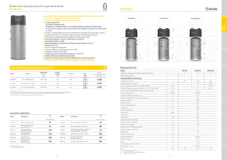 22 23
Bombas de calor de pie para producción de agua caliente sanitaria
HP 260 ACS
Bombas de calor de pie para producción de A.C.S.
CÓDIGO MODELO
DIMENSIONES
alto x ø
POTENCIA
TÉRMICA
C.O.P. (50º)
(1)
CLASE
P.V.P.
IVA y Cánon de reciclaje
(mm) (kW) no incluidos
20125646 HP-E 260 ACS (2) (3) 1845 × 660 2,43 3,25 2.390
20125647 HP-E 260 ACS S (2) (3) (4) 1845 × 660 2,43 3,25 2.590
20125648 HP-E 260 ACS SC (2) (4) 1845 × 660 2,43 3,25 2.790
(1)
Tª aire 15 C° - Tª agua 15-50 °C
(2)
En caso de apoyo con energía solar térmica, para reducir la Tª del agua sanitaria es obligatorio la instalación de una válvula mezcladora termostática
(3)
Para apoyo con caldera mixta es necesaria la instalación del accesorio opcional cod. 20035644 válvula desviadora mezcladora solar
(4)
Para el control del circuito solar es necesaria la instalación de centralitas solares
accesorios específicos
CÓDIGO DESCRIPCIÓN
P.V.P.
(IVA no incluido)
1150529 Válvula mezcladora 3/4’’ 58
20001492
Válvula mezcladora de 1’’
con reductor a 3/4’’ 87
20001491
Válvula desviadora
motorizada de 3 vías** 159
20035644
Válvula desviadora
mezcladora solar 130
20009244
Centralita Solar
SUN B con sonda 228
20009246
Centralita Solar
SUN C con sonda 340
CÓDIGO DESCRIPCIÓN
P.V.P.
(IVA no incluido)
1150489 Vaso de expansión de 18 litros*** 58
1150509 Vaso de expansión de 24 litros*** 66
1150499
Soporte para instalación a pared de
vaso de expansión 18/24 litros 76
20039876 Kit clapeta motorizada ø 160 mm. 450
20047530
Kit rejilla de aspiración/
expulsión ø 160 mm. 140
20047531 Kit ventilador de extracción VMC 500
** No válida para circuito solar.
*** Uso solar, calefacción y sanitario.
■■ Bombas de calor aire/agua de pie para producción de agua caliente sanitaria con
acumulador integrado de 260 litros de capacidad
■■ Clasificación energética A en sanitario con perfil L
■■ 3 modelos disponibles:
- HP 260 ACS: bomba de calor
- HP 260 ACS S: bomba de calor con un serpentín auxiliar para apoyo con sistema solar
- HP 260 ACS SC: bomba de calor con dos serpentines auxiliares, para apoyo con sistema solar
y caldera
■■ Incorpora un display digital que permite la visualización del estado de funcionamiento, alarma,
funciones especiales y el cambio del modo de funcionamieto (automático/manual)
■■ Condensador envuelto externamente aislado del circuito de gas y agua
■■ Acumulador fabricado en acero con doble capa de vitrificado
■■ Revestimiento externo en ABS
■■ Aislamiento térmico con poliuretano inyectado de elevado espesor (50 mm.)
■■ Refrigerante R134a
■■ Ánodo de magnesio anticorrosión
■■ Resistencia eléctrica suministrada de serie (1,5kW)
■■ Temperatura máxima en ACS 60ºC
■■ Amplios rangos de funcionamiento exteriores de + 8ºC/32ªC
■■ Tratamiento térmico antilegionela programable
■■ Sonda de aire exterior para la activación automática de la resistencia eléctrica
■■ Puesta en marcha GRATUITA (costes de desplazamiento no incluidos)
Modelo HP ACS HP ACS S HP ACS SC
Clasificación de Eficiencia Energética estacional en sanitario A A A
Perfil de carga declarado L L L
Características Técnicas
Capacidad acumulación l 273 268 265
Superficie del serpentín auxiliar m2
- 1.5 0.6/1.5
Caudal del serpentín auxiliar con temperatura 80/60°C m3
/h - 1.6 0.6/1.6
Producción de agua caliente sanitaria 80/60°C - 10/45°C (DIN 4708) m3
/h - 1,1 0,4/1,1
Presión máxima de trabajo del acumulador /serpentín auxiliar bar 6 / 10
Tensión de alimentación V/Ph/Hz 230/1/50
Temperatura máxima de salida de a.c.s. °C 60
Temperatura ambiente de funcionamiento (min/max) °C 8/32
Resistencia eléctrica W 1500
Potencia térmica W 2427
Consumo eléctrico (medio) (1)
W 639
Refrigerante tipo R134a
Carga de Refrigerante g 950
Nivel sonoro (2)
dB(A) 52
C.O.P. (50°) (3)
3,25
Caudal de aire m3
/h 450
Longitud máxima de conductos m 10
Diámetro minimo de conductos mm 160
Presión de aire disponible Pa 80
Entrada agua fría / Salida agua caliente 1-8 1”
Impulsión / Retorno calefacción 2-4 1”
Recirculación 3 1/2”
Impulsión / Retorno solar 5-6 1”
Desagüe condensados 7 Ø 20 mm
Resistencia eléctrica 9 1”1/4
Ánodo 10 1”1/4
Vaina sonda de control L= 300 mm. 11 1”1/2
Vaina sonda L= 70 mm. 12 Ø 12 mm
Peso kg 112 127 145
Datos técnicos ErP
(1)	 A la máxima temperatura: 60°C
(2)	 A 1 metro de distancia (espacio abierto sin conductos)
(3)	 Tª aire 15 C° - Tª agua 15-50 °C
HP 260 ACS HP 260 ACS S HP 260 ACS SC
HP 260 ACS
BOMBAS
DECALOR
 