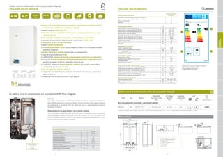 28 29
Caldera mural de condensación mixta con acumulador integrado
EXCLUSIVE BOILER GREEN HE
■ Caldera ErP de elevado rendimiento estacional y clasificación energética: CLASE A
en calefacción y CLASE A en sanitario con perfil XL
■ Máximo rango de modulación 1:10
■ Circulador síncrono modulante de alta eficiencia, elevada presión 6 m.c.a. y bajo
consumo (EEI≤23)
■ Intercambiador radial de condensación, de alto caudal y acceso frontal
■ Quemador de premezcla con bajas emisiones contaminantes CLASE 5 NOx
■ Acumulador de 60 l. en acero inoxidable
■ Máximo confort en sanitario
■ La certificación RANGE RATED, permite adaptar la caldera a las necesidades térmicas
reales de la instalación
■ Display LCD de gran tamaño retroiluminado con autodiagnóstico
■ Grado de protección eléctrica IPx5D
■ LLENADO FÁCIL, sistema de llenado semiautomático del circuito de calefacción
■ Incorpora el Sistema Automático de Regulación Ambiental en calefacción S.A.R.A.
que ofrece el máximo confort en calefacción y ahorro de gas
■ CLIMA FÁCIL, sistema de termorregulación climática que se activa conectando la
sonda exterior que incorpora de serie
■ Vaso de expansión sanitario de serie
■ Incorpora de serie el kit hidráulico compuesto de llaves de corte sanitario, calefacción y
rácores hidráulicos.
■ Incorpora de serie kit de transformación a gas propano.R I G S Rc E
DISPOSICIÓN CONEXIONES HIDRÁULICAS
Calefacción Gas Agua Sanitaria
65 85 108 90 90
Retorno Ida Salida Recirculación Entrada
La caldera mural de condensación con acumulación de 60 litros integrada
Ecología
El innovador intercambiador de condensación radial de aluminio, es el corazón tecnológico de la
gama GREEN, patentado en exclusiva por Beretta. Permite recuperar el calor latente al enfriarse
los productos de la combustión (PDC) por debajo del punto de rocío, alcanzando el máximo
rendimiento energético.
Mayor producción de Agua Sanitaria con el mínimo consumo
Con un acumulador integrado en acero INOX de 60 litros, está destinada a cubrir las más altas
exigencias de agua caliente sanitaria. Ideal en caso de instalación con red de distribución parti-
cularmente larga o insuficiencia hidrica o, que la dureza del agua pueda comprometer el correc-
to funcionamiento de una caldera instantánea.
Vaso de Expansión
en sanitario
de SERIE
DESCRIPCIÓN ACUMULADOR
Tipo de Acumulador Acero INOX
Disposición Acumulador Vertical
Disposición Intercambiador Vertical
Capacidad Agua Sanitaria l 60
Contenido Agua Serpentín l 3,87
Superfície de Intercambio m2 0,707
Campo de selección temperatura A.C.S. °C 35 - 60
Regulador de caudal l/min 15
Producción de agua caliente en 10’ con Dt 30 °C l 202
Presión máxima ejercicio acumulador bar 8
heBERETTA HI-EFFICIENCY
la eficiencia energética
CLASE 5
NOx CONFORT A.C.S.
RATIO MODULACIÓN60 L. INOX.
1:10
RANGE RATEDCIRCULADOR
6 m.
MÁXIMO
INTERCAMBIADOR
EXCLUSIVE BOILER GREEN HE
Diseño técnico Leyenda: CALEFACCIÓN R= Retorno / I= Impulsión GAS= G AGUA SANITARIA S= Salida / Rc= Recirculación / E= Entrada
SC= Sifón descarga condensados: 39
RC= Recirculación A.C.S.: 78,5
U= Salida: 142,5
R/I= Retorno / Impulsión: 171,75
E = Entrada: 219,5
G = Gas: 256,25
Medidas en mm.
Se suministra con llaves de corte de Agua Fría y Gas. Incluye: - Llaves de corte de Calefacción accesorio cod. 1151149. - Colector standard de condensación accesorio cod. 1101879.
Caldera mural de condensación mixta con acumulador integrado
CÓDIGO GAS MODELO
DIMENSIONES
Alto x Ancho x Fondo
POT. TÉRMICA
MIN - MAX
CAPACIDAD
ACUMULADOR
CLASE P.V.P.
(mm) (kW) (l) (IVA no incluido)
MIXTA CON ACUMULACIÓN: CALEFACCIÓN + AGUA CALIENTE SANITARIA
20031609 MTN
EXCLUSIVE BOILER
GREEN HE 35 B.S.I.
950 x 600 x 450 3,5 - 34,6 60 3.050
ESPECIFICACIONES ENERGÉTICAS
Exclusive Boiler Green
HE 35 B.S.I.
Clasificación de eficiencia energética estacional en calefacción A
Clasificación de eficiencia energética estacional en sanitario A
Perfil de carga declarado XL
Clase NOx 5
CARACTERÍSTICAS TÉCNICAS u.d.m.
Potencia máxima / mínima nominal calefacción kW 34,60 / 3,50
Potencia máxima / mínima útil calefacción (80º-60ºC) kW 33,74 / 3,41
Potencia máxima / mínima útil calefacción (50º-30ºC) kW 36,50 / 3,71
Potencia máxima / mínima útil sanitario kW 34,60 / 3,50
Rendimiento útil Pn máx - Pn mín (80º-60ºC) % 97,5 - 97,3
Rendimiento útil con carga parcial 30% (47ºC retorno) % 103,10
Rendimiento útil con carga parcial 30% (30ºC retorno) % 108,00
Potencia eléctrica máxima W 116
Grado de protección eléctrica IP X5D
Nivel sonoro db 59
FUNCIONAMIENTO CALEFACCIÓN
Presión y Temperatura máxima bar - ºC 3 - 90
Bomba: pérdida de carga disponible en instalación mbar 320
al caudal de l/h 1000
Capacidad vaso de expansión l 10
FUNCIONAMIENTO SANITARIO
Presión máxima / mínima bar 8 / -
Producción de agua caliente en 10’ con D t 30°C l 202
Capacidad acumulador l 60
Capacidad vaso de expansión l 2
TUBOS EVACUACIÓN HUMOS Y ASPIRACIÓN AIRE
Longitud máxima rectilínea - tubos concéntricos ∅ 60/100 m 7,85
Pérdida de carga por instalación codo adicional 45º C / 90 ºC m 1,3 / 1,6
Longitud máxima rectilínea - tubos concéntricos ∅ 80/125 m 14,85
Pérdida de carga por instalación codo adicional 45º C / 90 ºC m 1 / 1,5
Longitud máxima rectilínea - tubos separados ∅ 80 m 40 + 40
Pérdida de carga por instalación codo adicional 45º C / 90 ºC m 1 / 1,5
DIMENSIONES, PESO, HOMOLOGACIÓN
Dimesiones (AltoxAnchoxFondo) mm 950 x 600 x 450
Peso kg 72
Homologación CE 0694BU1240
44,5
32
Evacuación condensados
1- Clasificación de eficiencia energética en calefacción
2- Clasificación de eficiencia energética en sanitario
3- Nivel de potencia acústica en dB
4- Potencia calorífica nominal kW
A
A
52
25
XL
Mynute Boiler Green 25 B.S.I. E
1
3
2
4
Exclusive Boiler Green HE 35 B.S.I.
59 dB
34
CALERASDE
CONDENSACIÓN
 
