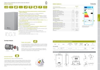 38 39
R C G I
DISPOSICIÓN CONEXIONES HIDRÁULICAS
Calefacción Condensación Gas Calefacción
48 230 107
Retorno Ida
Caldera mural de condensación gran potencia versión sólo calefacción
MYNUTE GREEN 50
Tecnología inteligente
Homologación Range Rated
Ecología y ahorro energético
El innovador intercambiador de condensación radial de aluminio, es el corazón tecnológico
de la gama GREEN, patentado en exclusiva por Beretta. Permite recuperar el calor latente
al enfriarse los productos de la combustión (PDC) por debajo del punto de rocío, alcanzan-
do el máximo rendimiento energético.
Fabricado a partir de un único tubo de aluminio, el intercambiador está moldeado con
forma circular de sección ovalada y con aletas laterales (para aumentar la superfície de
intercambio) y, sin soldaduras para evitar el riesgo de corrosión.Intercambiador
de condensación
Quemador
pre-mezcla
Mynute Green 50 R.S.I. dispone de certificación RANGE RATED.
El término RANGE RATED identifica un producto homologado a diferentes niveles de potencia
nominal en calefacción y equipado con un dispositivo de adaptación que le pemite ajustar, en
función de las necesidades térmicas del edificio, la potencia nominal máxima de la caldera.
Esta certificación implica no sólo poder seleccionar la potencia máxima de la caldera, también
poder certificar otros valores como rendimiento nominal, emisiones contaminantes y consumo
eléctrico.
INTERCAMBIADOR
■ Gama de calderas ErP de elevado rendimiento estacional y clasificación energética
CLASE A en calefacción
■ Caldera mural de condensación de gran potencia, con múltiples posibilidades de
configuración según las necesidades requeridas de su instalación
■ Intercambiador radial de condensación, de alto caudal y acceso frontal, está fabricado
a partir de un tubo único en aleación de aluminio, conseguimos: + rendimiento energético
+ caudal disponible, + uniforme la distribución del calor gracias a la elevada conductividad
térmica respecto al acero, + durabilidad y - peso de la caldera.
■ Nuevo circulador síncrono Flex de alta eficiencia, alta presión regulado a 7 m.c.a. y
bajo consumo (EEI<= 20)
■ Quemador de premezcla con bajas emisiones contaminantes CLASE 5 NOx
■ Elevado rango de modulación 1:5
■ Display LCD retroiluminado con autodiagnóstico
■ Grado de protección eléctrica IPx5D
■ Incorpora el Sistema Automático de Regulación Ambiental en calefacción S.A.R.A.
que ofrece el máximo confort en calefacción y ahorro de gas
■ CLIMA FÁCIL, sistema de termorregulación climática que se activa conectando la sonda
exterior que incorpora de serie o BeSMART WiFi (opcional)
■ Predispuesta para la conexión del mando de control a distancia BeSMART WiFi
■ Es necesario prever el vaso de expansión del circuito de calefacción, la válvula de 3 vías y
accesorios de instalación opcionales
■ Para la transformación a gas propano, dirigirse al S.A.T. oficial
RATIO MODULACIÓN
1:5
RANGE RATED IP X 5D
ENERGÍA SOLAR TÉRMICA
CIRCULADOR
7 m.
HIGH POWER
CLASE 5
NOx
INTERCAMBIADOR
RANGE RATED
Diseño técnico
MYNUTE GREEN 50
Caldera mural de condensación de gran potencia
CÓDIGO GAS MODELO
DIMENSIONES
Alto x Ancho x Fondo
POT. TÉRMICA
MIN - MAX
PRODUCCIÓN
SANITARIA
CLASE P.V.P.
(mm) (kW) (Dt=25ºC,l/min) (IVA no incluido)
SÓLO CALEFACCIÓN
20100121 MTN
MYNUTE GREEN
50 R.S.I.
764 x 553 x 284 9 - 47 - - 2.770
Se suministra con accesorios salida humos: Adaptador de Ø 80-80 a Ø 80-125 cod. 20028029, Curva 90º Ø 80-125 cod. 1101609 y Terminal horizontal Ø 80-125 cod. 1101679.
ESPECIFICACIONES ENERGÉTICAS
Mynute Green
50 R.S.I.
Clasificación de eficiencia energética estacional en calefacción A
Clase NOx 5
CARACTERÍSTICAS TÉCNICAS u.d.m.
Potencia máxima / mínima nominal calefacción kW 47 / 9
Potencia máxima / mínima útil calefacción (80º-60ºC) kW 45,78 / 8,78
Potencia máxima / mínima útil calefacción (50º-30ºC) kW 49,91 / 9,72
Rendimiento útil Pn máx - Pn mín (80º-60ºC) % 97,4 / 97,6
Rendimiento útil con carga parcial 30% (47ºC retorno) % 102,5
Rendimiento útil con carga parcial 30% (30ºC retorno) % 108
Potencia eléctrica máxima W 121
Grado de protección eléctrica IP X5D
Nivel sonoro db 58
FUNCIONAMIENTO CALEFACCIÓN
Presión y Temperatura máxima bar - ºC 3,5 / 90
Presión mínima de funcionamiento bar < 0,5
Bomba: pérdida de carga disponible en instalación mbar 597
al caudal de l/h 1000
TUBOS EVACUACIÓN HUMOS Y ASPIRACIÓN AIRE
Longitud máxima rectilínea - tubos concéntricos ∅ 60/100 m 1,85
Pérdida de carga por instalación codo adicional 45º C / 90 ºC m 1,3 / 1,6
Longitud máxima rectilínea - tubos concéntricos ∅ 80/125 m 4,85
Pérdida de carga por instalación codo adicional 45º C / 90 ºC m 1 / 1,5
Longitud máxima rectilínea - tubos separados ∅ 80 m 20 + 20
Pérdida de carga por instalación codo adicional 45º C / 90 ºC m 1 / 1,5
DIMENSIONES, PESO, HOMOLOGACIÓN
Dimesiones (AltoxAnchoxFondo) mm 764 x 553 x 284
Peso kg 39
Homologación CE 0694BU1240
1- Clasificación de eficiencia energética en calefacción
3- Nivel de potencia acústica en dB
4- Potencia calorífica nominal kW
A++
A+
A
B
C
D
E
F
G
kW
57 dB
2015
I II
811/2013
34
A
A
Exclusive Green HE 35 R.S.I.
1
43
58
47
Mynute Green 50 R.S.I
CALERASDE
CONDENSACIÓN
 