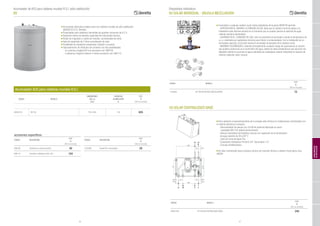 66 67
Acumulador de ACS para calderas murales R.S.I. (sólo calefacción)
BV
■ Acumulador ideal para instalar junto con calderas murales de sólo calefacción
(MODELOS R.S.I. Beretta).
■ Proyectados para satisfacer demandas de grandes consumos de A.C.S..
■ Serpentín interno de elevada capacidad de intercambio térmico.
■ Ánodo de magnesio y cuadro de mandos, suministrados de serie.
■ Vaso de expansión de 4 litros suministrado de serie.
■ Posibilidad de instalación empotrada ó fijación a la pared.
■ Opcionalmente, kit hidráulico de conexión con dos posibilidades:
- en columna, longitud 80 cms accesorio cod. 696109
- a distancia, longitud máxima 4 metros accesorio cod. 696119
accesorios específicos
CÓDIGO DESCRIPCIÓN
P.V.P.
(IVA no incluido)
696109 Conexión en columna (0,8m) 40
696119 Conexión a distancia (máx. 4m) 104
CÓDIGO DESCRIPCIÓN
P.V.P.
(IVA no incluido)
1220599 Sonda NTC acumulador 28
Acumulador ACS para calderas murales R.S.I.
CÓDIGO MODELO
DIMENSIONES
Alto x ø
CAPACIDAD
ACUMULADOR
P.V.P.
(mm) (l) (IVA no incluido)
20050723 BV 120 735 x 560 120 825
Dispositivos hidráulicos
Kit SOLAR INDIVIDUAL - VÁLVULA MEZCLADORA
■ Conectado a cualquier caldera mural mixta instantánea de la gama BERETTA permite:
- APROVECHAR AL MÁXIMO LA ENERGÍA SOLAR, dado que la caldera mural de apoyo a la
instalación solar térmica actuará en el momento que no pueda cubrirse la solicitud de agua
caliente sanitaria demandada.
- AHORRAR EN EL CONSUMO DE GAS, sólo se encenderá el quemador cuando la temperatura de
a.c.s. calentada por captadores térmicos sea inferior a la demandada. Con la instalación de un
termostato opcional, el kit solar evitará el encendido innecesario de la caldera mural.
- MÁXIMAS SEGURIDADES, evitando principalmente cualquier riesgo de quemaduras al usuario
que pudiera producirse en el suministro del agua, dadas las altas temperaturas que alcanzan los
depósitos dónde se acumula el agua calentada por captadores solares (sobretodo en épocas de
máxima radiación solar, verano).
CÓDIGO MODELO
P.V.P.
(IVA no incluido)
1102359 KIT SOLAR VÁLVULA MEZCLADORA 75
■ Para optimizar el aprovechamiento de la energía solar térmica en instalaciones centralizadas con
la máxima eficiencia, incorpora:
- Intercambiador de placas con 24 kW de potencia fabricado en acero
inoxidable AISI 316 aislado térmicamente
- Válvula mezcladora termostática manual con regulación de la temperatura
de agua caliente de 38 a 60º C
- Llave de Corte de Agua Fría
- Conexiones hidráulicas Primario 3/4’’ Secundario 1/2’’
- Carcasa embellecedora
■ Kit solar centralizado base incorpora rácores de conexión directa a caldera mural gama Ciao
GREEN
Kit SOLAR CENTRALIZADO BASE
CÓDIGO MODELO
P.V.P.
(IVA no incluido)
20001343 KIT SOLAR CENTRALIZADO BASE 240
COMPLEMENTOS
DEINSTALACIÓN
 