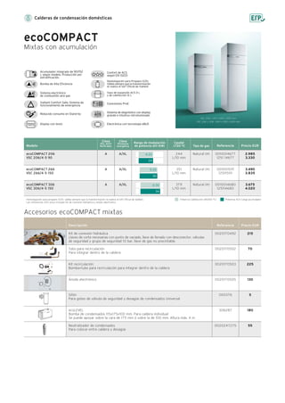 Calderas de condensación domésticas
VSC 206: 1.319 x 595 x 693 mm
VSC 266 y 306: 1.641 x 595 x 693 mm
Confort de ACS
según EN 13203
Vaso de expansión ACS 4 L
y de calefacción 12 L
Homologación para Propano (G31).
Válida siempre que la transformación
la realice el SAT Oficial de Vaillant
Acumulador integrado de 90/152
L según modelo. Producción por
estratificación.
Sistema de diagnóstico con display
grande e intuitivo retroiluminado
Conexiones ProE
Electrónica con tecnología eBUS
Bomba de Alta Eficiencia
Vaillant Comfort Safe: Sistema de
funcionamiento de emergencia
Sistema electrónico
de combustión aire-gas
Display con texto
Reducido consumo en Stand-by
ecoCOMPACT
Mixtas con acumulación
Modelo
Potencia Calefacción (80/60 ºC) Potencia ACS Carga acumuladorHomologación para propano (G31). válida siempre que la transformación la realice el SAT Oficial de Vaillant.
Las referencias 1251 xxxxx incluyen kit de conexión hidráulica y ánodo electrónico
Referencia Precio EUR
Clase
Efic. ACS/
Perfil dem.
Clase
Eficiencia
energética
Rango de modulación
de potencia útil (kW) Tipo de gas
Caudal
∆T30 ºC
ecoCOMPACT 206
VSC 206/4-5 90
ecoCOMPACT 266
VSC 266/4-5 150
ecoCOMPACT 306
VSC 306/4-5 150
0010014677
1251 14677
0010015111
125115111
0010014680
125114680
Natural (H)
Natural (H)
Natural (H)
2.985
3.330
3.490
3.835
3.675
4.020
244
L/10 min
351
L/10 min
379
L/10 min
A
A
A
A/XL
A/XL
A/XL
24
4-20
30
5-25
34
6-30
Descripción Referencia Precio EUR
0020170492
0020170502
0020170503
0020170505
000376
306287
0020247275
Kit de conexión hidráulica
Llaves de corte necesarias con punto de vaciado, llave de llenado con desconector, válvulas
de seguridad y grupo de seguridad 10 bar, llave de gas no precintable.
Tubo para recirculación
Para integrar dentro de la caldera
Kit recirculación:
Bomba+tubo para recirculación para integrar dentro de la caldera
Ánodo electrónico
Sifón
Para goteo de válvula de seguridad y desagüe de condensados Universal
ecoLEVEL
Bomba de condensados 115x175x100 mm. Para caldera individual
Se puede apoyar sobre la cara de 175 mm ó sobre la de 100 mm. Altura máx. 4 m
Neutralizador de condensados
Para colocar entre caldera y desagüe
Accesorios ecoCOMPACT mixtas
215
70
225
130
5
180
55
 