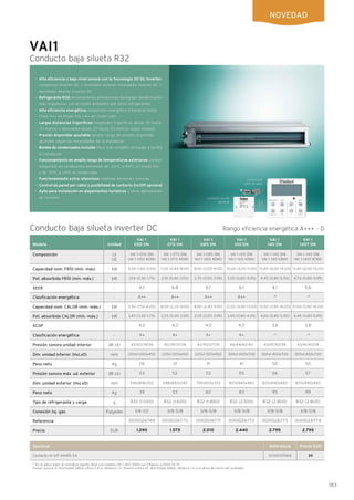 183
VAI1
Conducto baja silueta R32
NOVEDAD
Modelo
Conducto baja silueta inverter DC
Composición
Capacidad nom. FRÍO (mín.-máx)
Pot. absorbida FRÍO (mín.-máx.)
SEER
Clasificación energética
Capacidad nom. CALOR (mín.-máx.)
Pot. absorbida CALOR (mín.-máx.)
SCOP
Clasificación energética
Presión sonora unidad interior
Dim. unidad interior (HxLxD)
Peso neto
Presión sonora máx. ud. exterior
Dim. unidad exterior (HxLxD)
Peso neto
Tipo de refrigerante y carga
Conexión liq.-gas
Referencia
Precio
Unidad
UI
UE
kW
kW
-
-
kW
kW
-
-
dB (A)
mm
Kg
dB (A)
mm
Kg
g
Pulgadas
EUR
VAI 1
050 DN
VAI 1-050 DNI
VAI 1-050 KDNO
5,00 (1,60-5,50)
1,55 (0,30-1,75)
6,1
A++
5,50 (1,50-6,00)
1,45 (0,30-1,75)
4,0
A+
43/42/39/36
200x1.000x450
26
53
596x818x302
39
R32 (1.000)
1/4-1/2
0010026769
1.290
VAI 1
070 DN
VAI 1
085 DN
VAI 1
100 DN
VAI 1
140 DN
VAI 1
140T DN
VAI 1-070 DNI
VAI 1-070 KDNO
7,00 (2,40-8,00)
2,10 (0,40-3,50)
6,8
A++
8,00 (2,20-9,00)
2,25 (0,45-3,50)
4,0
A+
40/39/37/36
220x1.300x450
31
52
698x892x340
53
R32 (1.600)
3/8-5/8
0010026770
1.575
VAI 1-085 DNI
VAI 1-085 KDNO
8,50 (2,00-9,00)
2,70 (0,50-3,95)
6,1
A++
8,80 (2,40-9,50)
2,55 (0,50-3,95)
4,0
A+
42/40/37/35
220x1.300x450
31
53
790x920x370
60
R32 (1.800)
3/8-5/8
0010026771
2.010
VAI 1-100 DNI
VAI 1-100 KDNO
10,00 (3,20-11,00)
3,20 (0,60-4,05)
6,1
A++
12,00 (3,00-13,50)
3,40 (0,60-4,05)
4,0
A+
46/44/42/40
300x1.000x700
41
55
820x940x460
83
R32 (2.500)
3/8-5/8
0010026772
2.440
VAI 1-140 DNI
VAI 1-140 KDNO
13,40 (6,00-14,20)
4,45 (0,80-5,50)
6,1
-*
15,50 (3,90-16,00)
4,60 (0,80-5,50)
3,6
-*
43/41/40/38
300x1.400x700
50
56
820x940x460
95
R32 (2.800)
3/8-5/8
0010026773
2.795
VAI 1-140 DNI
VAI 1-140T KDNO
13,40 (6,00-14,20)
4,70 (0,80-5,95)
5,6
-*
15,50 (3,90-16,00)
4,45 (0,80-5,95)
3,8
-*
43/41/40/38
300x1.400x700
50
57
820x940x460
99
R32 (2.800)
3/8-5/8
0010026774
2.795
· Alta eficiencia y bajo nivel sonoro con la Tecnología 3D DC Inverter:
compresor Inverter DC + Ventilador exterior modulante Inverter DC +
Ventilador interior Inverter DC
· Refrigerante R32: incrementa las prestaciones del equipo siendo mucho
más respetuoso con el medio ambiente que otros refrigerantes
· Alta eficiencia energética: etiquetado energético estacional hasta
Clase A++ en modo frío y A+ en modo calor
· Largas distancias frigoríficas: longitudes frigoríficas desde 35 hasta
75 metros y desniveles desde 20 hasta 30 metros según modelo
· Presión disponible ajustable: amplio rango de presión disponible,
ajustable según las necesidades de la instalación
· Bomba de condensados incluida: hace más completo el equipo y facilita
la instalación
· Funcionamiento en amplio rango de temperaturas exteriores: confort
asegurado en condiciones extremas: de -20ºC a 48ºC en modo frío
y de -15ºC a 24ºC en modo calor
· Funcionamiento extra-silencioso: mínimas emisiones sonoras
· Control de pared por cable y posibilidad de contacto On/Off opcional
· Apto para instalación en alojamientos turísticos y otras aplicaciones
de terciario
* No se aplica según la normativa vigente. Nota: Los modelos VAI 1-140T KDNO son trifásicos a 400V-50 Hz
Presión sonora UI: directividad 3dB(A), altura 0,8 m, distancia 1 m. Presión sonora UE: directividad 3dB(A), distancia 1 m a la altura del centro del ventilador
Opcional Referencia
0010030968Contacto on-off VAI1KD-S4
Precio EUR
Rango eficiencia energética A+++ - D
Control por
cable de serie
Contacto on-off
opcional
30
 