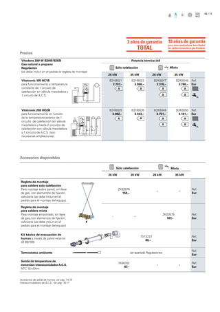 / 1110
Precios
Accesorios disponibles
Vitodens 200-W B2HB/B2KB
Gas natural o propano
Regulación
(se debe incluir en el pedido la regleta de montaje)
Potencia térmica útil
Sólo calefacción Mixta
26 kW 35 kW 26 kW 35 kW
Vitotronic 100 HC1B
para funcionamiento a temperatura
constante de 1 circuito de
calefacción sin válvula mezcladora y
1 circuito de A.C.S.
B2HB021
2.707,–
B2HB022
3.068,–
B2KB047
3.376,–
B2KB048
3.786,–
Ref.
Eur
Vitotronic 200 HO2B
para funcionamiento en función
de la temperatura exterior de 1
circuito de calefacción sin válvula
mezcladora y hasta 2 circuitos de
calefacción con válvula mezcladora
y 1 circuito de A.C.S. (son
necesarias ampliaciones)
B2HB025
3.082,–
B2HB026
3.443,–
B2KB049
3.751,–
B2KB050
4.161,–
Ref.
Eur
Solo calefacción Mixta
26 kW 35 kW 26 kW 35 kW
Regleta de montaje
para caldera solo calefacción
Para montaje sobre pared, sin llave
de gas, con elementos de fijación,
valvulería (se debe incluir en el
pedido para el montaje del equipo)
ZK02678
150,–
- -
Ref.
Eur
Regleta de montaje
para caldera mixta
Para montaje empotrado, sin llave
de gas, con elementos de fijación,
valvulería (se debe incluir en el
pedido para el montaje del equipo)
- -
ZK02679
167,–
Ref.
Eur
Kit básico de evacuación de
humos a través de pared exterior
(Ø 60/100)
7373237
80,–
Ref.
Eur
Termostatos ambiente ver apartado Regulaciones
Ref.
Eur
Sonda de temperatura de
inmersión interacumulador A.C.S.
NTC 10 kOhm
7438702
87,–
- -
Ref.
Eur
Accesorios de salida de humos, ver pág. 14-15
Interacumuladores de A.C.S., ver pág. 16-17
3 años de garantía
TOTAL
para intercambiadores Inox-Radial
de calderas murales a gas Vitodens
10 años de garantía
 