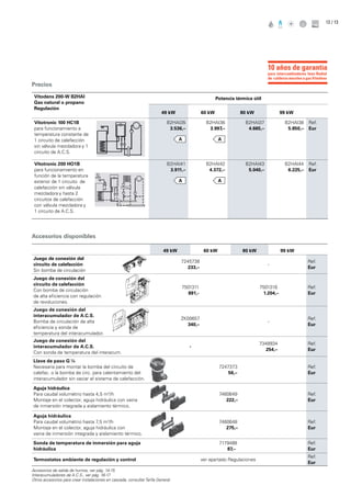 / 1312
Precios
Accesorios disponibles
Vitodens 200-W B2HAI
Gas natural o propano
Regulación
Potencia térmica útil
49 kW 60 kW 80 kW 99 kW
Vitotronic 100 HC1B
para funcionamiento a
temperatura constante de
1 circuito de calefacción
sin válvula mezcladora y 1
circuito de A.C.S.
B2HAI35
3.536,–
B2HAI36
3.997,–
B2HAI37
4.665,–
B2HAI38
5.850,–
Ref.
Eur
Vitotronic 200 HO1B
para funcionamiento en
función de la temperatura
exterior de 1 circuito de
calefacción sin válvula
mezcladora y hasta 2
circuitos de calefacción
con válvula mezcladora y
1 circuito de A.C.S.
B2HAI41
3.911,–
B2HAI42
4.372,–
B2HAI43
5.040,–
B2HAI44
6.225,–
Ref.
Eur
49 kW 60 kW 80 kW 99 kW
Juego de conexión del
circuito de calefacción
Sin bomba de circulación
7245738
233,–
-
Ref.
Eur
Juego de conexión del
circuito de calefacción
Con bomba de circulación
de alta eficiencia con regulación
de revoluciones.
7501311
891,-
7501318
1.204,–
Ref.
Eur
Juego de conexión del
interacumulador de A.C.S.
Bomba de circulación de alta
eficiencia y sonda de
temperatura del interacumulador.
ZK00657
340,–
-
Ref.
Eur
Juego de conexión del
interacumulador de A.C.S.
Con sonda de temperatura del interacum.
-
7348934
254,–
Ref.
Eur
Llave de paso G ¼
Necesaria para montar la bomba del circuito de
calefac. o la bomba de circ. para calentamiento del
interacumulador sin vaciar el sistema de calefacción.
7247373
56,–
Ref.
Eur
Aguja hidráulica
Para caudal volumétrio hasta 4,5 m3
/h
Montaje en el colector, aguja hidráulica con vaina
de inmersión integrada y aislamiento térmico.
7460649
222,–
Ref.
Eur
Aguja hidráulica
Para caudal volumétrio hasta 7,5 m3
/h
Montaje en el colector, aguja hidráulica con
vaina de inmersión integrada y aislamiento térmico.
7460648
275,–
Ref.
Eur
Sonda de temperatura de inmersión para aguja
hidráulica
7179488
87,–
Ref.
Eur
Termostatos ambiente de regulación y control ver apartado Regulaciones
Ref.
Eur
Accesorios de salida de humos, ver pág. 14-15
Interacumuladores de A.C.S., ver pág. 16-17
Otros accesorios para crear instalaciones en cascada, consultar Tarifa General
para intercambiadores Inox-Radial
de calderas murales a gas Vitodens
10 años de garantía
 