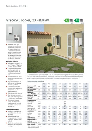 Tarifa doméstica 2017-2018
La bomba de calor split Vitocal 100-S es un generador de energía térmica de ultima genera-
ción a un precio muy competitivo, ideal tanto para funcionamiento monovalente como biva-
lente, con energía fotovoltaica y preparada para el trabajo en secuencia inteligente.
Características técnicas
„„ Bomba de calor con
accionamiento eléctrico,
modelo split compuesto
por una unidad exterior
y una interior. Para cale-
facción y producción de
A.C.S. en instalaciones
de calefacción. Opcional:
refrigeración y/o resisten-
cia eléctrica integrada
Principales ventajas
„„ Alto valor COP: hasta 4,8
(aire 7ºC/agua 5ºC) y hasta
3,6 (aire 2ºC/agua 35ºC)
„„ Especialmente diseñada
para uso óptimo de la
energía procedente de
instalaciones fotovoltai-
cas.
„„ Unidad exterior con resis-
tencia eléctrica de bandeja
integrada
„„ Regulación Vitotronic de
fácil manejo con display
de texto y gráficos
„„ Control directo de dos
circuitos, uno de ellos con
mezcladora, sin am-
pliación KMBUS
„„ Calentamiento de piscinas
„„ Vaso de expansión de 10
litros, válvula de seguridad
y manómetro incorporado
„„ Contador de energía,
curvas de calefacción
independientes, control
de caldera externa, solar
térmica, etc.
Un sistema completo
„„ Secuencia inteligente de
hasta 5 bombas de calor
(85,5kW)
„„ Resistencia eléctrica
integrada en los modelos
AWB-M-E, AWB-E, AWB-
M-E-AC
„„ Opción de ampliación de
la garantía del compresor
a 5 años
A04 A06 A08 A12 A14 A16 Aa12 A14 A16
Pot. nom.calef.
(A7/W35)
kW 4,5 6,1 8,2 11,5 13,5 15,5 11,5 13,5 15,3
Pot. nom. calef.
(A-7/W35)
kW 4,2 5,2 6,0 7,5 8,1 9,1 7,4 8,0 8,7
Rango pot.
calef. (A7/W35)
kW 3,2-8,4 4,2-10,2 5,2-12,1 6,1-15,9 7,0-16,5 6,8-17,1 6,0-15,5 6,8-16,1 7,6-16,7
Rango pot. refrig.
(A35/W7)*1
kW 1,5-5,5 2,1-6,8 2,9-8,1 3,8-10,7 4,4-11,5 5,0-12,3 3,7-10,3 4,3-11,2 5,0-12,1
Tensión V 230 230 230 230 230 230 400 400 400
Unidad interior
Profundidad mm 370
Anchura mm 450
Altura mm 880
Peso AWB kg 42 42 42 45 45 45 45 45 45
Peso AWB-AC kg 45 45 45 48 48 48 48 48 48
Unidad exterior
Profundidad mm 360 360 360 412 412 412 412 412 412
Anchura mm 980 980 980 900 900 900 900 900 900
Altura mm 790 790 790 1345 1345 1345 1345 1345 1345
Peso kg 77 80 80 107 107 107 114 114 114
COP A7/W35 4,5 4,8 4,7 4,7 4,6 4,5 4,5 4,5 4,4
EERA35/W18 de
AWB-AC
4,1 4,2 3,9 4,0 3,8 3,7 3,8 3,6 3,5
Temp. de impuls. °C 55
Nivel sonoro*2
dB(A) 65 65 65 64 64 64 66 66 66
*¹ Sólo modelo con refrigeración.
*2
Según condiciones ERP
Vitocal 100-S, 2,7 - 85,5 kW A++
35°C55°C
A+
 