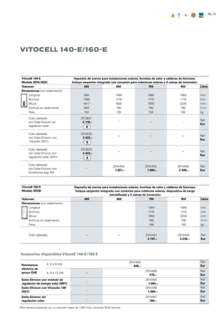 / 7170
Vitocell 140-E/160-E
Para interacumuladores con un volumen mayor de 1.000 litros, consultar Tarifa General
Vitocell 140-E
Modelo SEIA/SEIC
Depósito de inercia para instalaciones solares, bombas de calor y calderas de biomasa.
Incluye serpentín integrado con conexión para colectores solares y 4 vainas de inmersión.
Volumen 400 600 750 950 Litros
Dimensiones (con aislamiento)
Longitud 859 1064 1064 1064 mm
Anchura 1089 1119 1119 1119 mm
Altura 1617 1645 1900 2200 mm
Anchura sin aislamiento 650 790 790 790 Ø mm
Peso 154 135 159 182 kg
Color plateado
con Solar-Divicon sin
regulación solar
Z013631
2.118,–
-
- -
Ref.
Eur
Color plateado
con Solar-Divicon con
Vitosolic (SD1)
Z013632
2.422,–
- - - Ref.
Eur
Color plateado
con Solar-Divicon con
regulación solar (SM1)
Z013633
2.422,–
- - - Ref.
Eur
Color plateado
con Solar-Divicon (ver
Accesorios pag. 64)
-
Z014454
1.491,–
Z014455
1.990,–
Z014456
2.499,–
Ref.
Eur
Vitocell 160-E
Modelo SESB
Depósito de inercia para instalaciones solares, bombas de calor y calderas de biomasa.
Incluye serpentín integrado con conexión para coletores solares, dispositivo de carga
estratificada y 4 vainas de inmersión
Volumen 400 600 750 950 Litros
Dimensiones (con aislamiento)
Longitud 1064 1064 mm
Anchura 1119 1119 mm
Altura 1900 2200 mm
Anchura sin aislamiento 790 790 Ø mm
Peso 168 193 kg
Color plateado - - Z014457
2.701,–
Z014458
3.236,–
Ref.
Eur
Accesorios disponibles Vitocell 140-E/160-E
Resistencia
eléctrica de
apoyo EHE
2, 4 ó 6 kW
Z014468
406,–
Ref.
Eur
4, 8 ó 12 kW -
Z014469
478,–
Ref.
Eur
Solar-Divicon con módulo de
regulación de energía solar (SM1)
-
Z014465
1.084,–
Ref.
Eur
Solar-Divicon con Vitosolic 100
(SD1) -
Z014466
1.084,–
Ref.
Eur
Solar-Divicon sin
regulación solar -
Z014467
780,–
Ref.
Eur
 