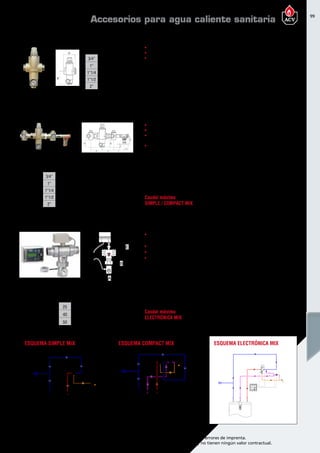 99
Encuentre las últimas características técnicas de nuestros aparatos en www.acv.com
Tarifa 2015-2016- Precio en Euros, sin IVA. Sujeto a cambios y errores de imprenta.
Los esquemas, las fotos y las dimensiones son dados a título indicativo y no tienen ningún valor contractual.
Simple mix
	Mezclador termostático simple.
	Temperatura de distribución regulable de 30 a 60 °C.
	Cuerpo de acero niquelado con termómetro en la mezcla.
Referencia Nombre Ø Precio
557A1026 Simple mix 20 3/4” 290,00
557A1027 Simple mix 25 1” 413,00
557A1028 Simple mix 32 1”1/4 433,00
557A1029 Simple mix 40 1”1/2 625,00
557A1030 Simple mix 50 2” 780,00
Compact mix
	Mezclador termostático con circuito de retorno de A.C.S.
	Temperatura de distribución regulable de 30 a 60 °C.
	Cuerpo de acero niquelado con termómetro en la mezcla,
	 entrada de agua fría y entrada de agua caliente.
	2 válvulas de corte con función de anti-retorno.
Referencia Nombre Ø Ø circuito de retorno Precio
557A1032 Compact mix 20 3/4” 1/2” 471,00
557A1033 Compact mix 25 1” 3/4” 625,00
557A1034 Compact mix 32 1 1/4” 3/4” 675,00
557A1035 Compact mix 40 1 1/2” 3/4” 1.035,00
557A1036 Compact mix 50 2” 3/4” 1.135,00
3/4” 1” 1 1/4” 1 1/2” 2”
Q (l/min) 76 92 145 270 370
1” 1 1/4” 1 1/2” 2”
Q (l/min) 183 296 466 650
Ø A B
3/4” 98 98
1” 123 118
1”1/4 123 118
1”1/2 182 138
2” 182 138
Ø A B C D E F
3/4” 95 65 14 40 85 100
1” 132 78 32 40 85 112
1”1/4 135 78 32 40 85 112
1”1/2 183 84 53 40 85 126
2” 195 84 53 40 85 126
Referencia Nombre Ø Precio
70015 Electrónica MIX 25 1” 1.715,00
70018 Electrónica MIX 32 1 1/4” 2.120,00
70019 Electrónica MIX 40 1 1/2” 2.820,00
70020 Electrónica MIX 50 2” 3.000,00
	Mezclador termostático motorizado con centralita para la programación de desinfección
térmica del circuito contra la legionelosis.
	Reloj programador digital diario y semanal. Batería 15 días contra cortes de corriente.
	Temperatura de distribución regulable 30 a 60°C.
	Cuerpo de acero niquelado con sonda de Tª en la mezcla.
B
A
E
Electrónica MIX
Ø A B E
25 75 125 260
40 100 150 310
50 110 170 340
Caudal máximo
SIMPLE / COMPACT MIX
Caudal máximo
ELECTRÓNICA MIX
∆P a caudal máximo 1,5 bar
ESQUEMA SIMPLE MIX ESQUEMA COMPACT MIX ESQUEMA ELECTRÓNICA MIX
Mezclador termostático Simple Mix
Mezclador termostático Compact Mix
Mezclador termostático Electrónica Mix
Accesorios para agua caliente sanitaria
 