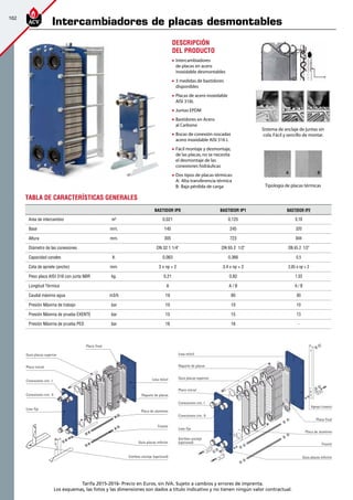 102
Tarifa 2015-2016- Precio en Euros, sin IVA. Sujeto a cambios y errores de imprenta.
Los esquemas, las fotos y las dimensiones son dados a título indicativo y no tienen ningún valor contractual.
DESCRIPCIÓN 		
DEL PRODUCTO
	 Intercambiadores 		
	 de placas en acero 		
	 inoxidable desmontables
	 3 medidas de bastidores 	
	disponibles
	 Placas de acero inoxidable 	
	 AISI 316L
	 Juntas EPDM
	 Bastidores en Acero 	
	 al Carbono
	 Bocas de conexión roscadas 	
	 acero inoxidable AISI 316 L
	 Fácil montaje y desmontaje,	
	 de las placas,no se necesita
	 el desmontaje de las
	 conexiones hidráulicas
	 Dos tipos de placas térmicas:	
	 A: Alta transferencia térmica
	 B: Baja pérdida de carga
Sistema de anclaje de juntas sin
cola.Fácil y sencillo de montar.
Tipología de placas térmicas
BASTIDOR IP0 BASTIDOR IP1 BASTIDOR IP2
Area de intercambio m2
0,021 0,125 0,18
Base mm. 145 245 320
Altura mm. 305 723 844
Diámetro de las conexiones DN 32 1 1/4 DN 65 2 1/2 DN 65 2 1/2
Capacidad canales lt. 0,063 0,366 0,5
Cota de apriete (ancho) mm. 3 x np + 2 3,4 x np + 2 2,85 x np + 2
Peso placa AISI 316 con junta NBR kg. 0,21 0,82 1,03
Longitud Térmica A A / B A / B
Caudal máximo agua m3/h 19 80 80
Presión Máxima de trabajo bar 10 10 10
Presión Máxima de prueba EXENTE bar 15 15 13
Presión Máxima de prueba PED bar 16 16 -
TABLA DE CARACTERÍSTICAS GENERALES
Estribos anclaje (opcional)
Guía placas superior
Paquete de placas
Tirante
Placa de aluminio
Guía placas inferior
Losa fija
Conexiones circ. II
Losa móvilConexiones circ. I
Placa final
Placa inicial Paquete de placas
Guía placas superior
Placa inicial
Conexiones circ. I
Conexiones circ. II
Losa fija
Estribos anclaje
(opcional)
Guía placas inferior
Placa de aluminio
Tirante
Placa final
Losa móvil
Apoyo trasero
Intercambiadores de placas desmontables
 