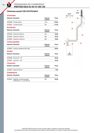 108
Tarifa 2015-2016- Precio en Euros, sin IVA. Sujeto a cambios y errores de imprenta.
Los esquemas, las fotos y las dimensiones son dados a título indicativo y no tienen ningún valor contractual.
ATerminales
Referencia Descripción Piezas de
recambio
Precio
537D6300 Terminal vertical 1515 179,00 
537D6301 Terminal de pared 795 171,00 
B Conductos
Referencia Descripción Piezas de
recambio
Precio
537D6302 Conducto de 250 mm 210 53,00 
537D6303 Conducto de 500 mm 460 67,00 
537D6304 Conducto de 1000 mm 960 76,00 
CTubos ajustables
Referencia Descripción Piezas de
recambio
Precio
537D6305 Conducto regulable de 325 a 400   82,00 
D Codos
Referencia Descripción Piezas de
recambio
Precio
537D6306 Codo de 43° - 45°   65,00 
537D6307 codo de 87° - 90°   61,00 
F Accesorios
Referencia Descripción Piezas de
recambio
Precio
537D6210 Fijación Ø 150 mm   6,50 
G Adaptadores
Referencia Descripción Piezas de
recambio
Precio
537D6207 Adaptador concéntrico/paralelo
Ø 100/150 mm - a 2 x Ø 100 mm
205  84,00
PRESTIGE SOLO 42-50-75-100-120
Programa de chimeneas
Chimenea coaxial 100/150 PPS/GALV
 